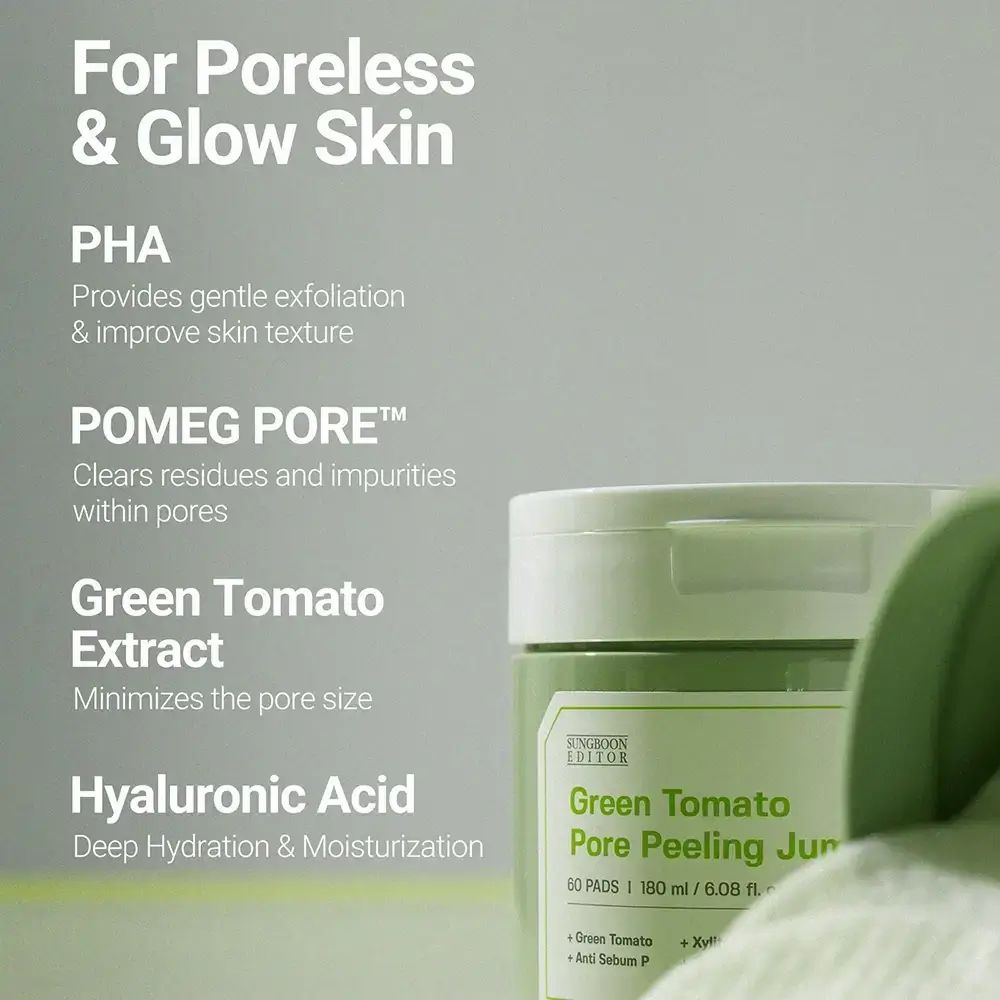 Produktetikett mit Inhaltsstoffen und Eigenschaften. Text: Green Tomato Pore Peeling Jumbo Pad. Marke: SUNGBOON EDITOR.