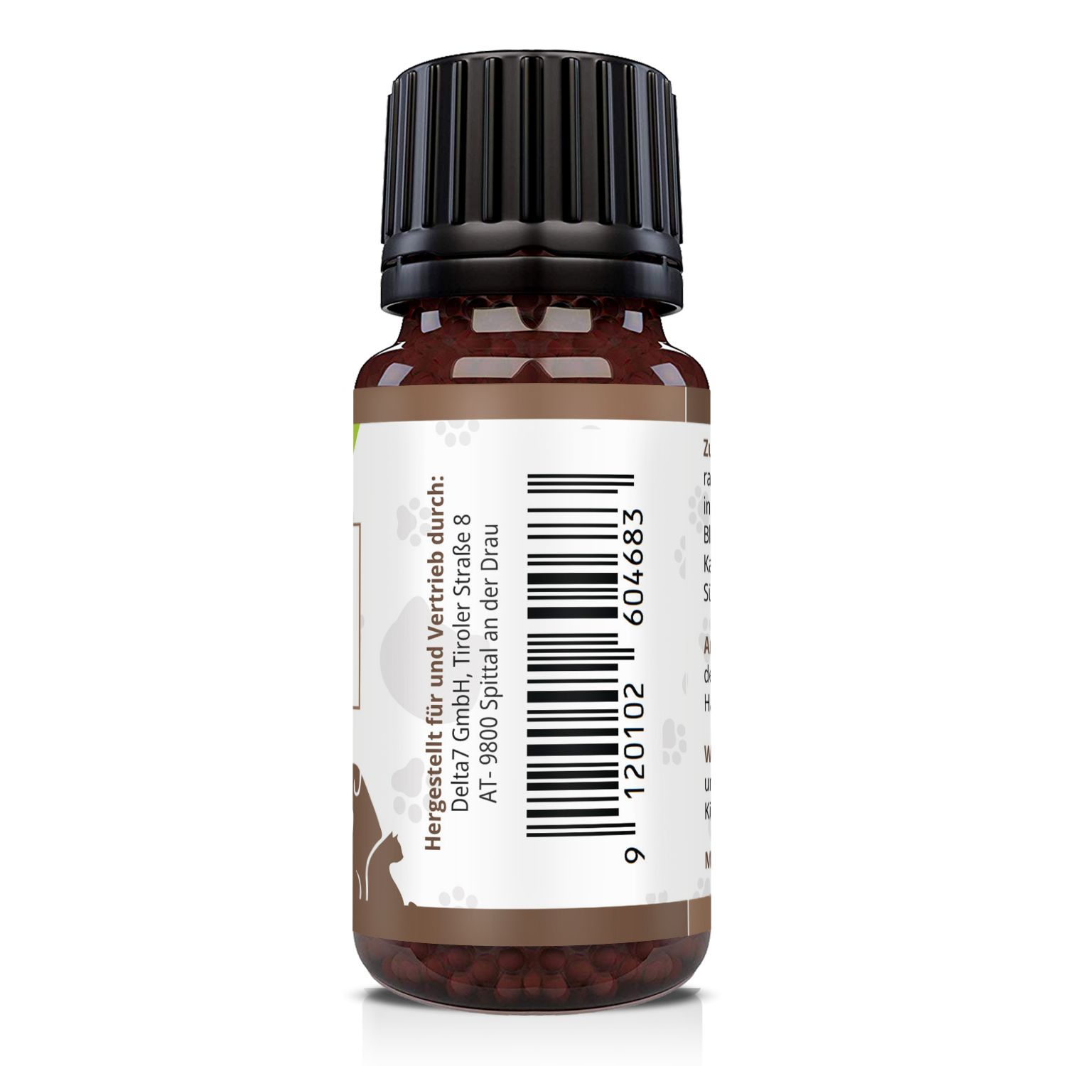 Braune Glasflasche mit schwarzem Deckel. Rückseite mit Text.