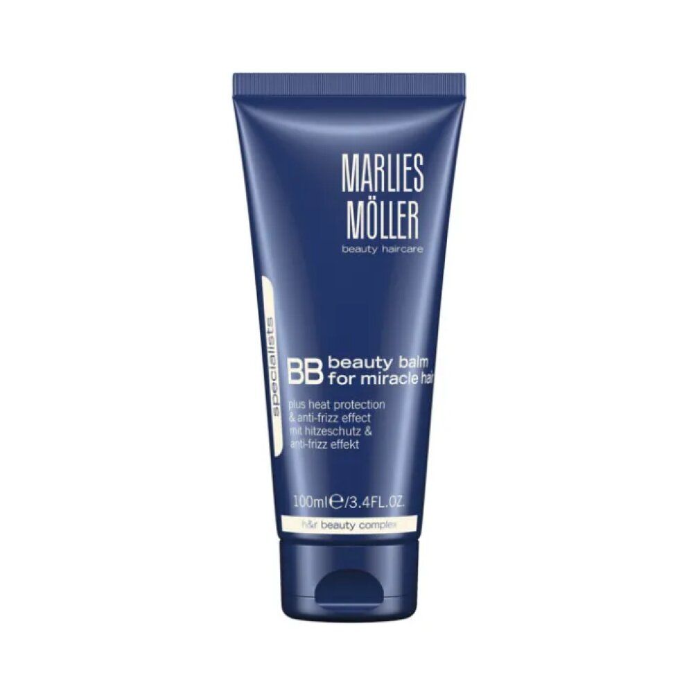 Dunkelblaue Tube mit weißer Schrift. Aufschrift: Marlies Möller, BB beauty balm for miracle hair. Enthält Hitzeschutz & Anti-Frizz.