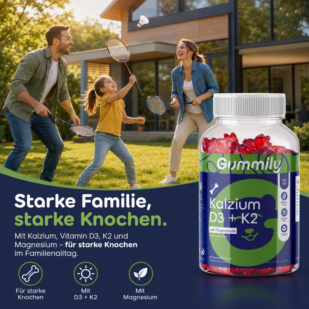 Familie spielt Badminton, Gummily Kalzium D3+K2 Glas im Vordergrund.