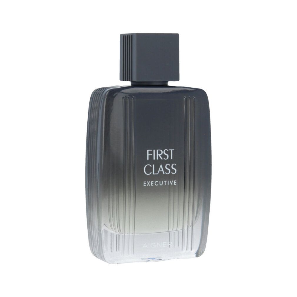 Grau-transparenter Flakon mit Aufschrift FIRST CLASS EXECUTIVE und AIGNER. Rechteckige Form mit grauem Verschluss.