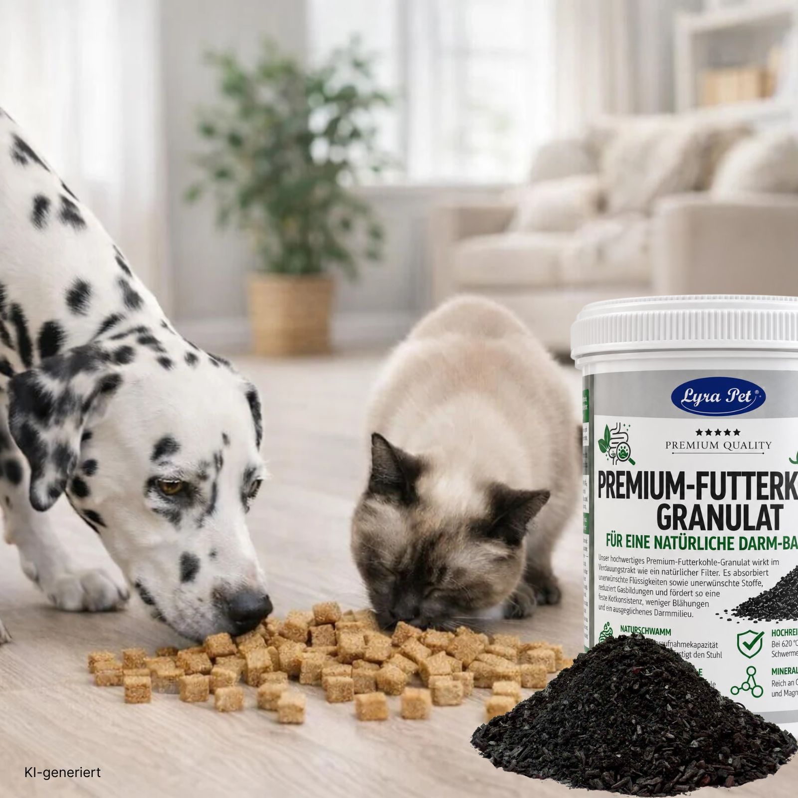 Ein Dalmatiner und eine Siamkatze fressen vom Boden, daneben ein Behälter Lyra Pet Premium Futterkohle.