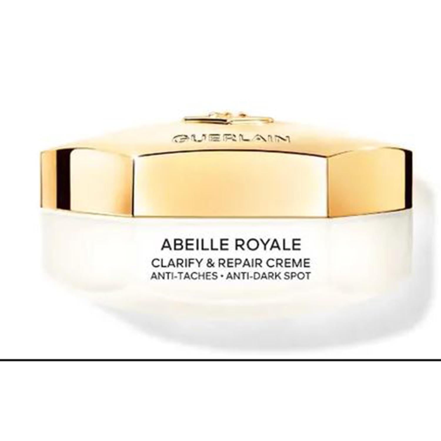 Creme-Glas mit goldfarbenem Deckel. Aufschrift: ABEILLE ROYALE, CLARIFY & REPAIR CREME, ANTI-TACHES, ANTI-DARK SPOT. Marke: GUERLAIN.
