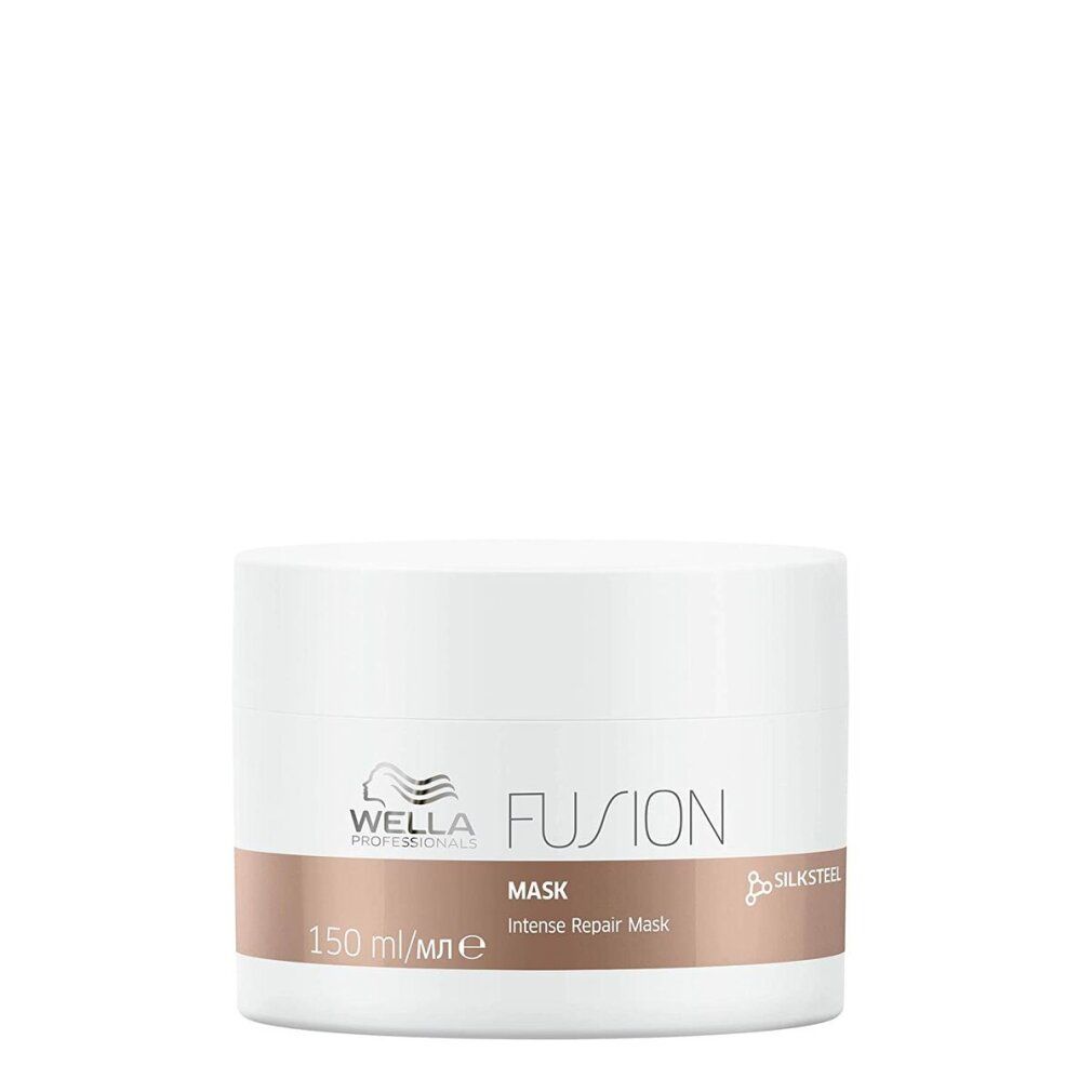 Weißer Tiegel mit braunem Streifen. Aufschrift: Wella Fusion Mask. 150ml/4.5FL.OZ. Silksteel Logo.