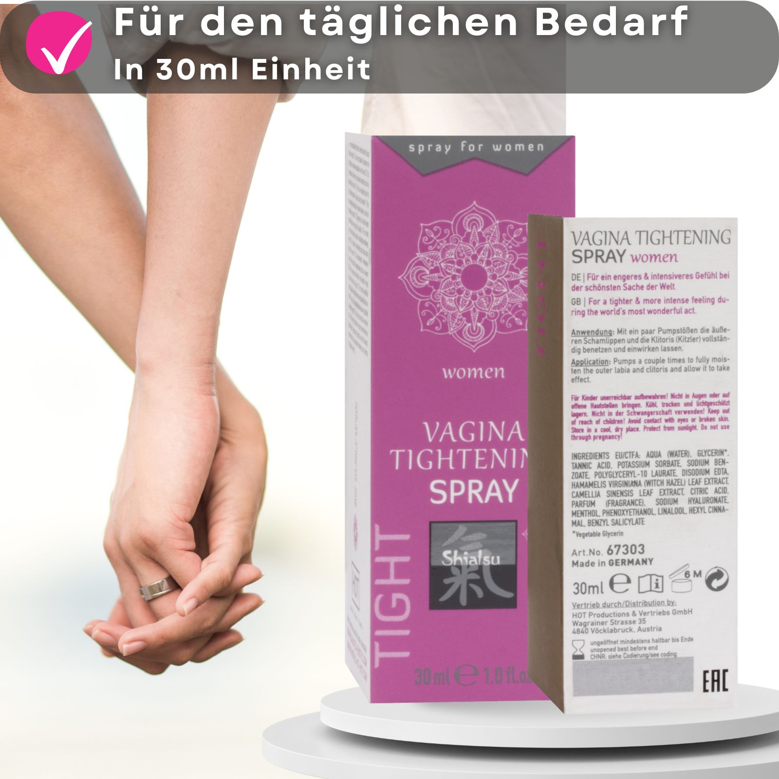 Verpackung und Flasche. Text: Vagina Tightening Spray. Paar im Hintergrund. Check-Zeichen.