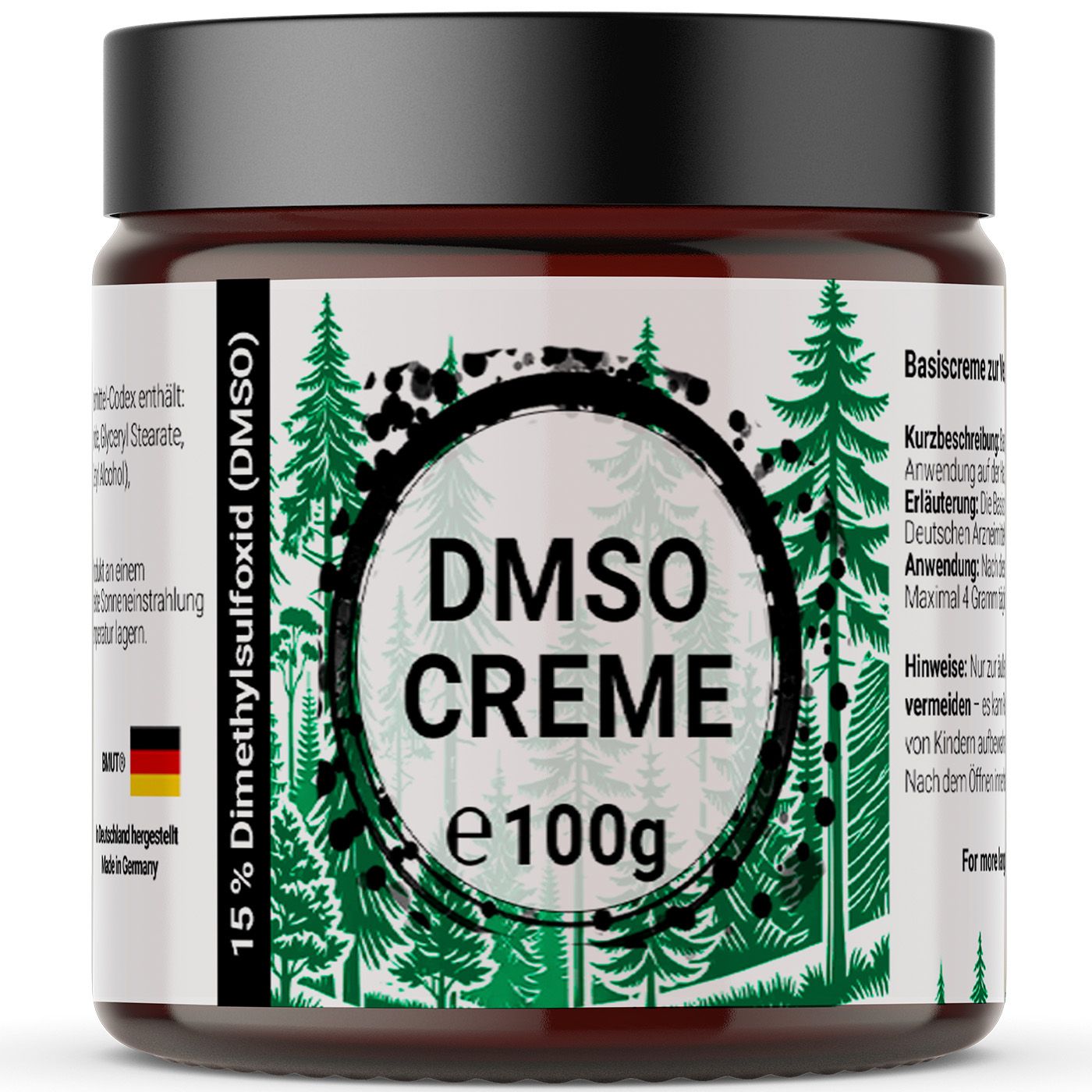 Braunes Tiegel mit schwarzem Deckel. Etikett mit "DMSO CREME e100g". 15% Dimethylsulfoxid (DMSO). Hergestellt in Deutschland.