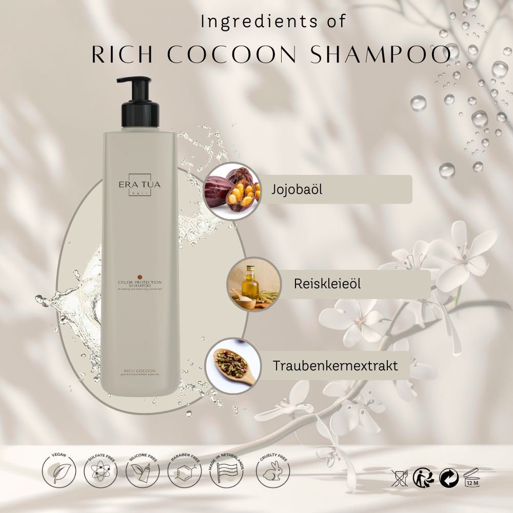 Beige Shampoo-Flasche mit schwarzem Pumpkopf. Text: Era Tua, Rich Cocoon Shampoo. Inhaltsstoffe: Jojobaöl, Reiskleieöl, Traubenkernextrakt.