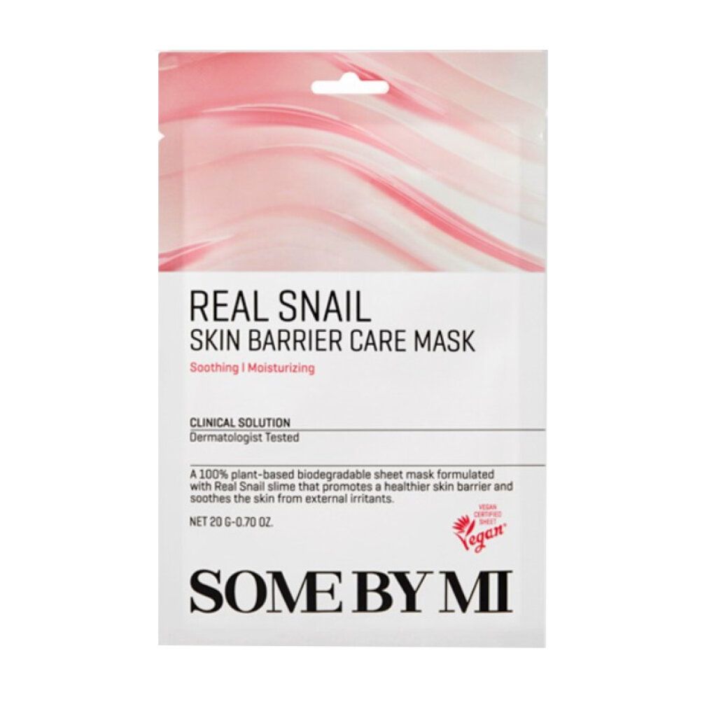 SOMEBYMI Real Snail Skin Barrier Care Mask mit Text zu Beruhigung, Feuchtigkeit und Siegeln.