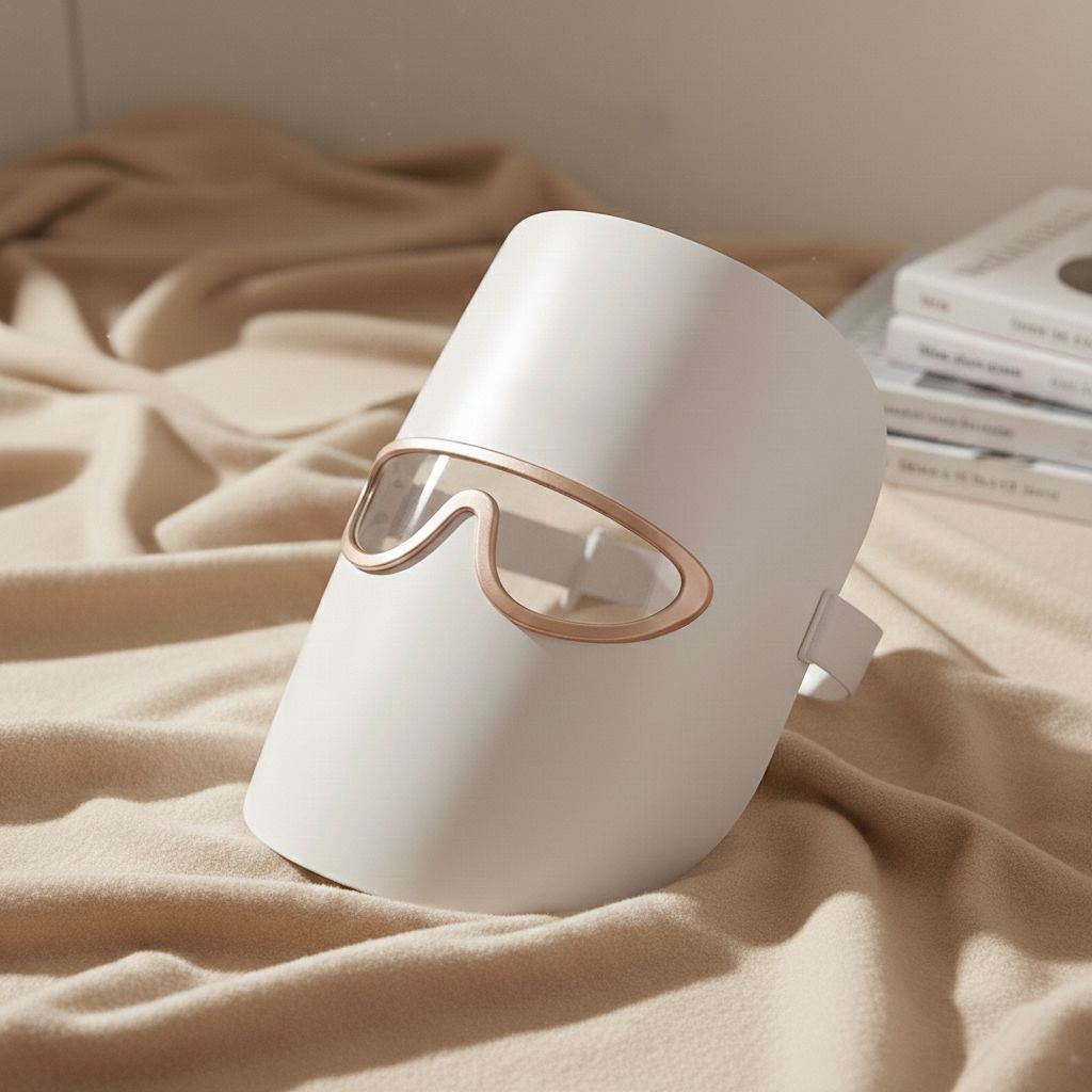 Weiße LED-Lichttherapie-Maske mit goldenen Akzenten, auf einem beigen Stoff liegend.