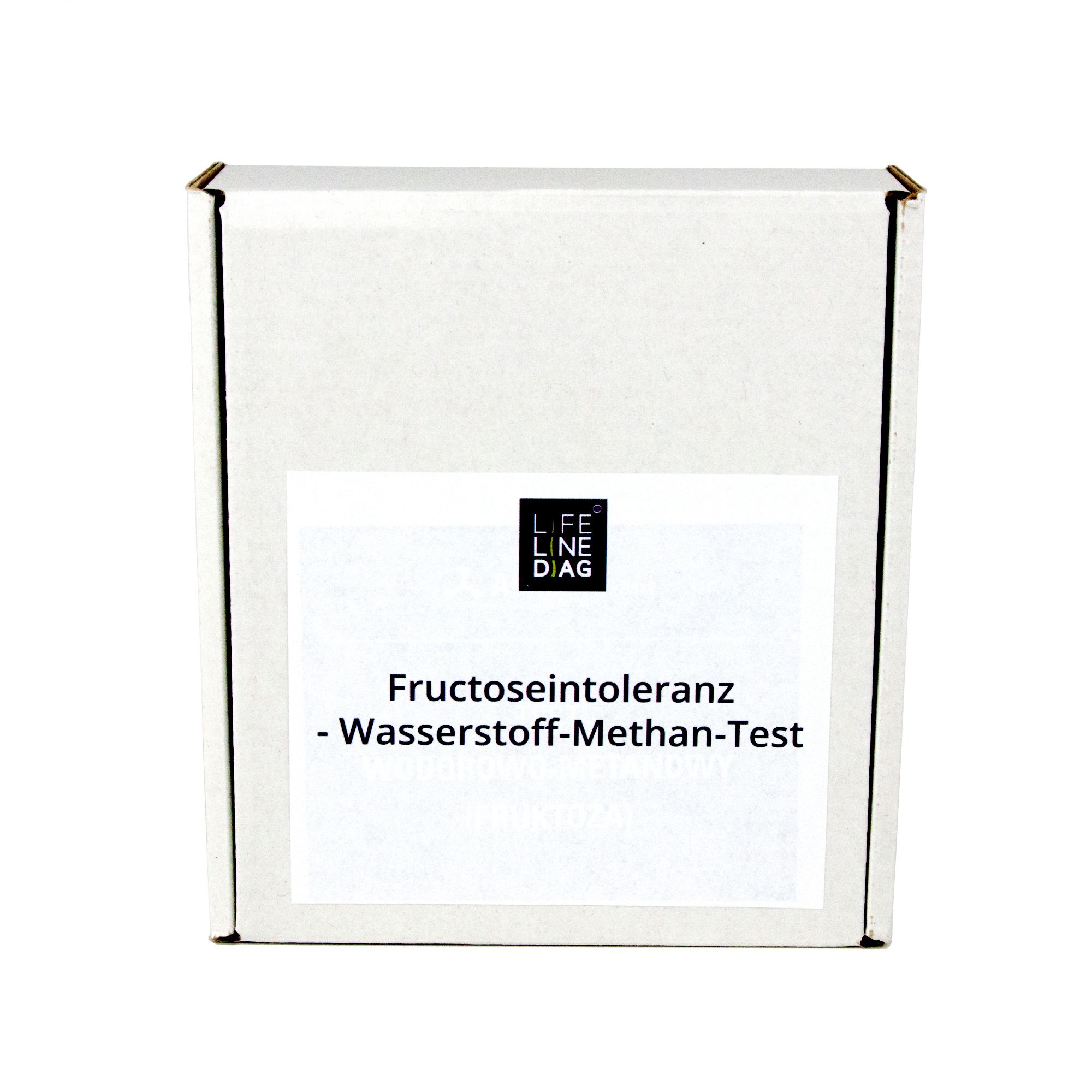 Weiße Kartonverpackung mit Aufkleber. Auf dem Aufkleber steht "LIFE LINE DIAG" und "Fructoseintoleranz - Wasserstoff-Methan-Test".