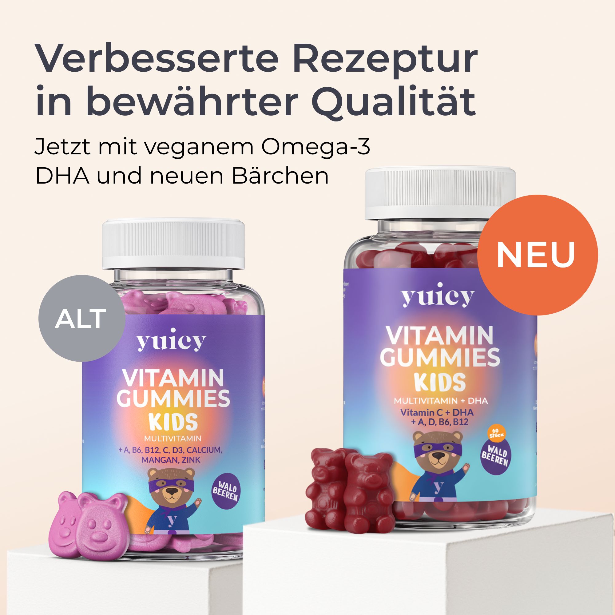 Zwei Flaschen yuicy® Vitamin Gummies Kids. Eine mit „ALT“, eine mit „NEU“. Rote und rosa Gummibärchen. Aufschrift: Vitamin Gummies Kids.