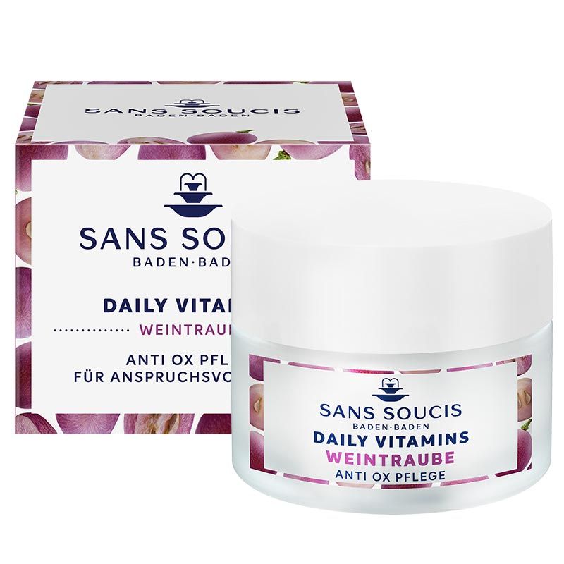 Creme-Tiegel und Verpackung. Aufschrift: Sans Soucis, Daily Vitamins Weintraube Anti Ox Pflege.