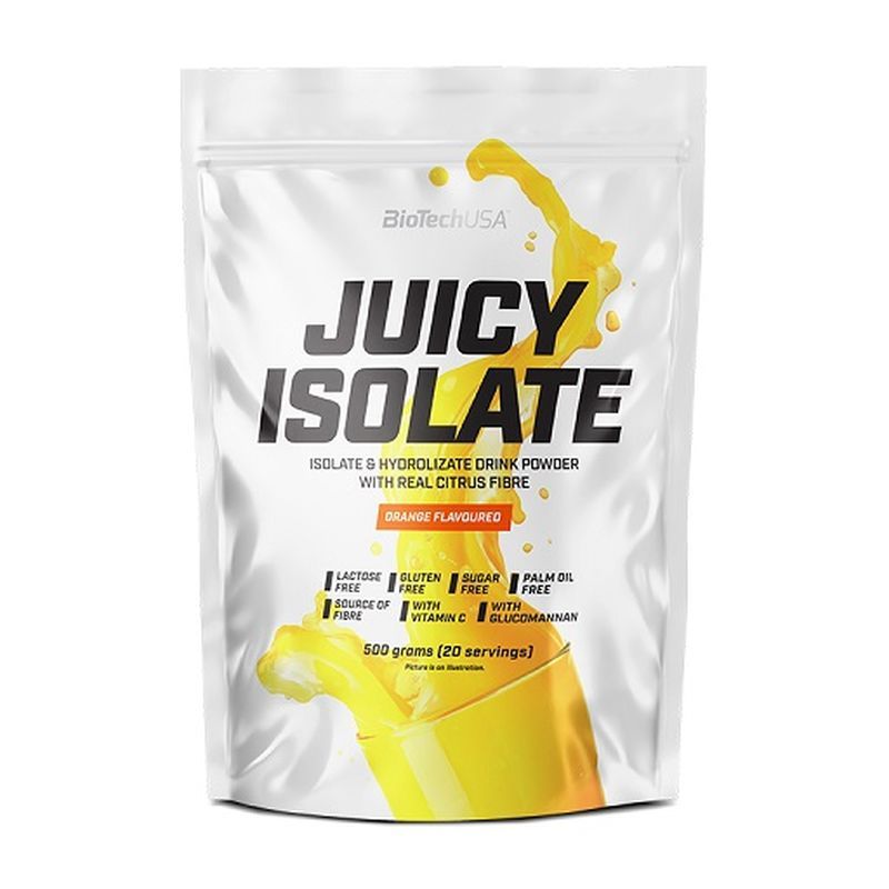 Weißer Beutel mit "JUICY ISOLATE"-Schriftzug. Enthält Isolat- und Hydrolysat-Getränkepulver mit Zitrusfasern. Orange-Geschmack. 500 Gramm.