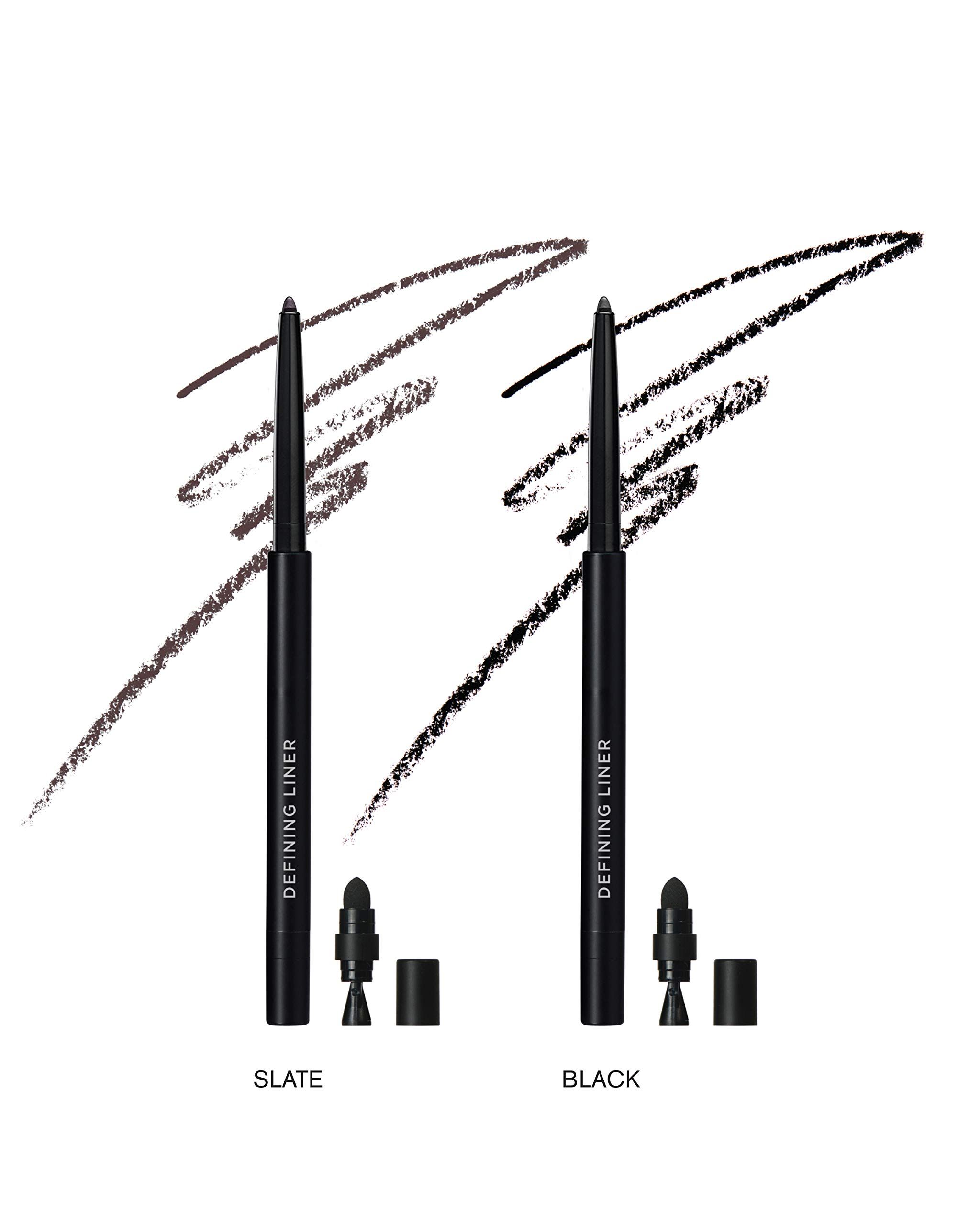 Zwei Eyeliner mit Farbmustern. Aufschrift: DEFINING LINER, Slate, Black. Mit Spitzer.
