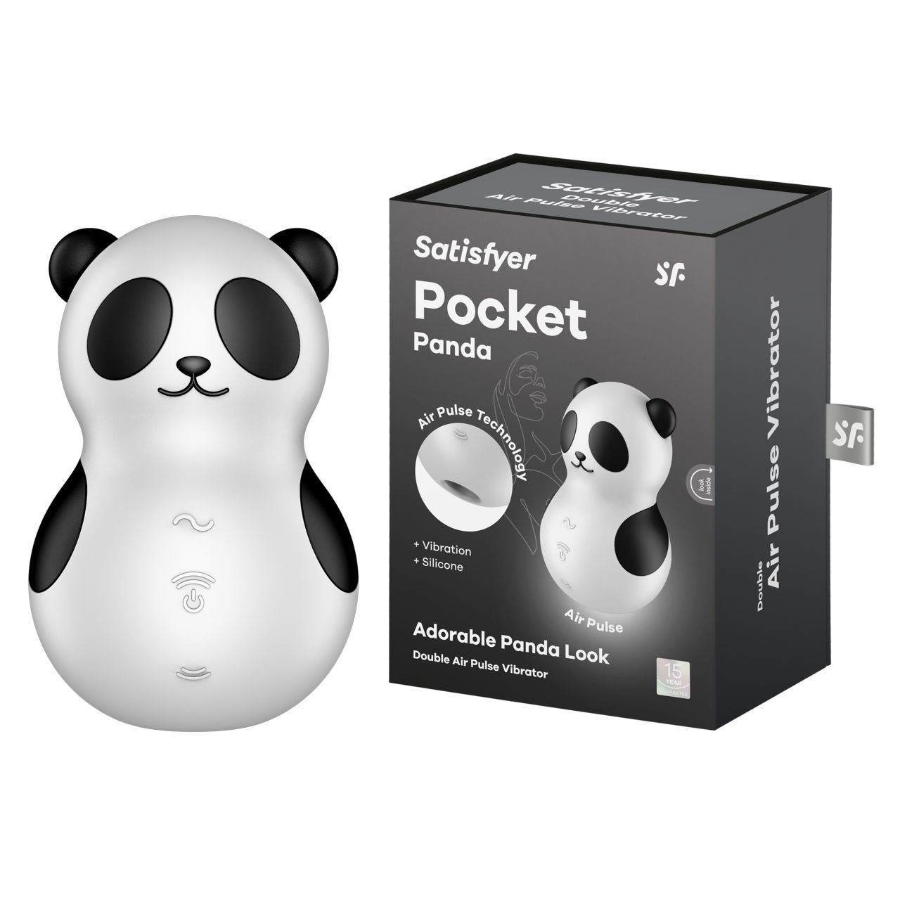 Weißer Stimulator in Panda-Form mit schwarzem Akzent. Neben der Verpackung mit Produktname und Logo.