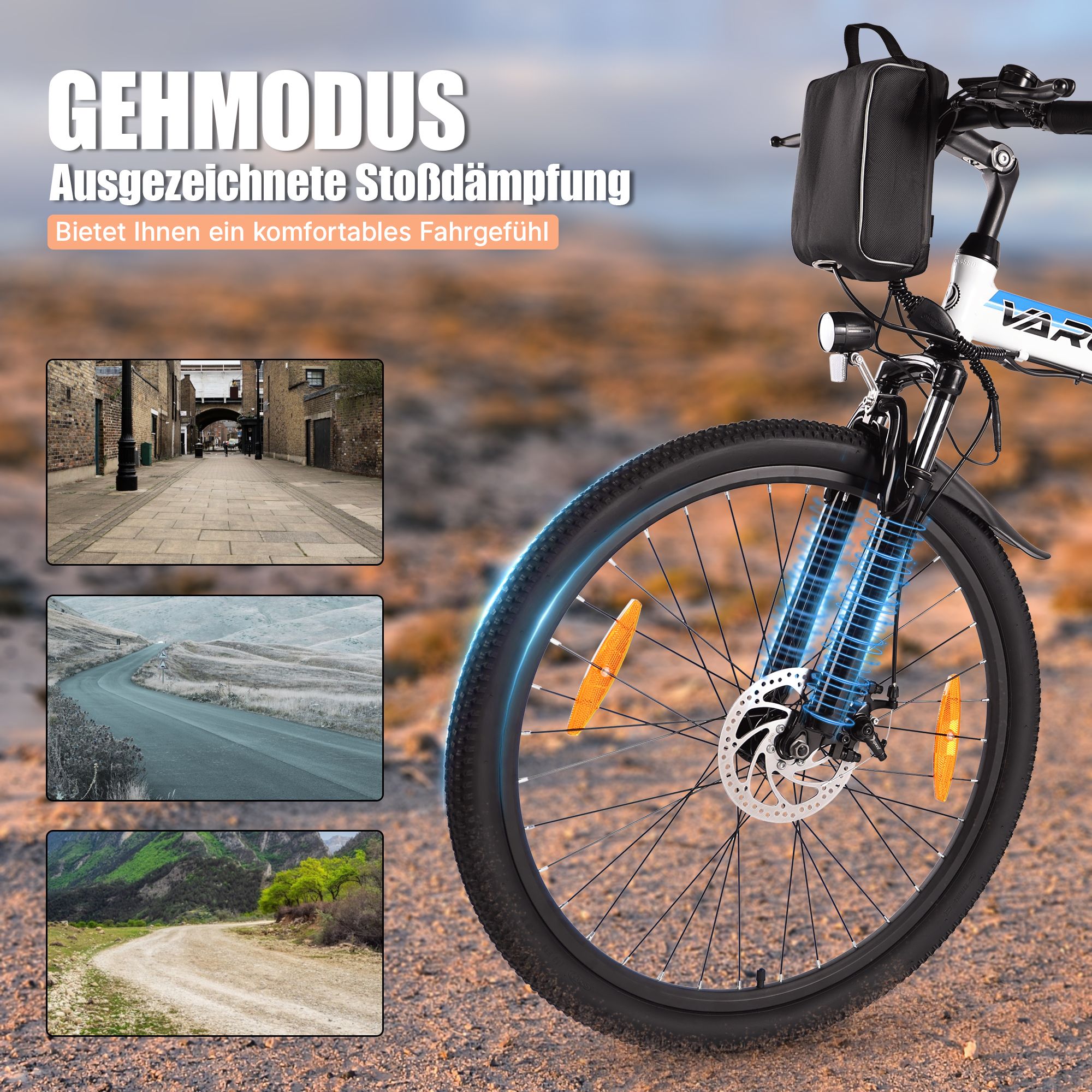 E-Bike mit Stoßdämpfung. Ansichten von Straßen. Schwarze Reifen, orangefarbene Reflektoren.