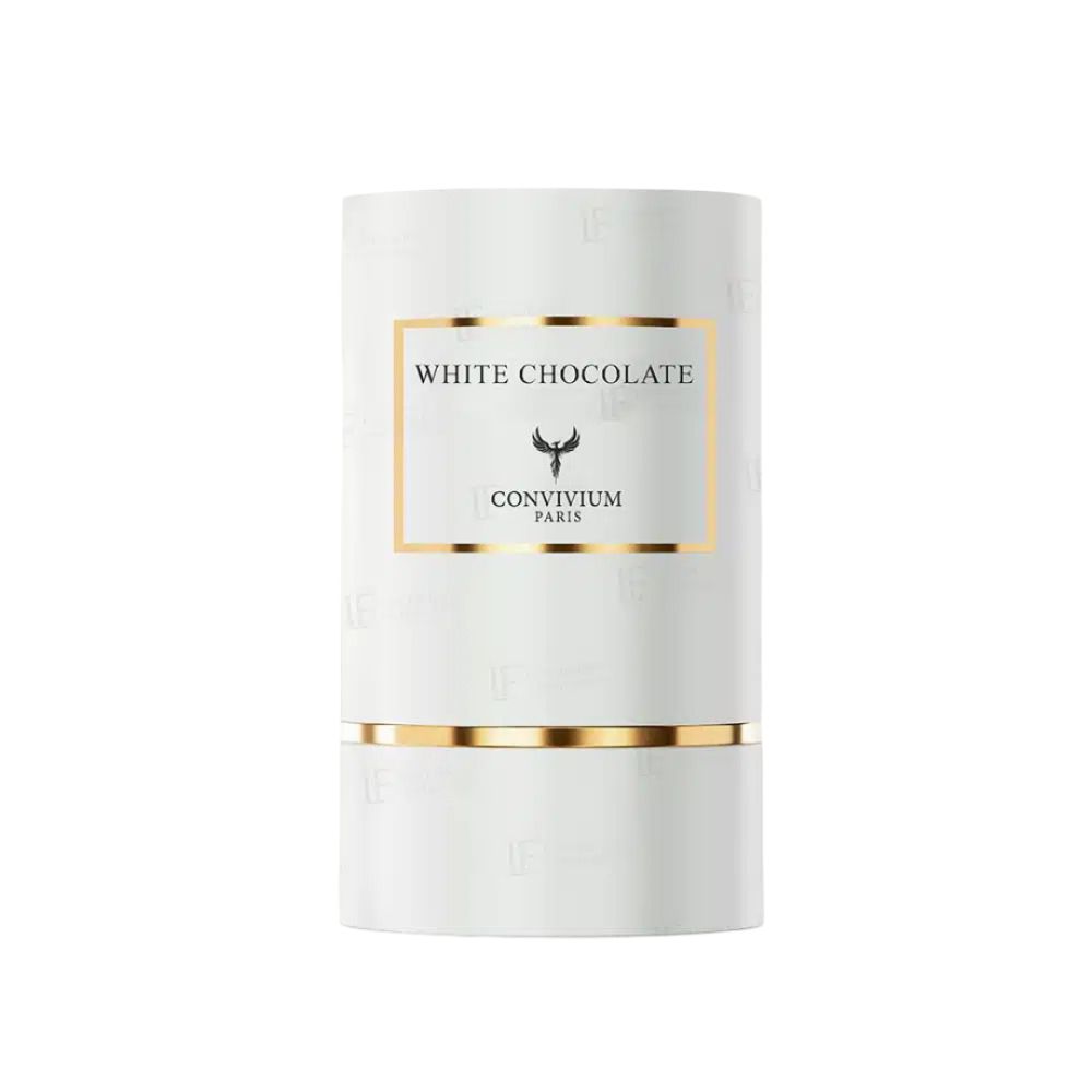 Zylindrische Verpackung. Aufschrift: White Chocolate, Convivium Paris. Goldfarbene Akzente.