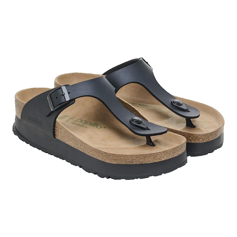 Due sandali neri con suola platform. Plantare in sughero, pelle nera. Gizeh Flex Platform.