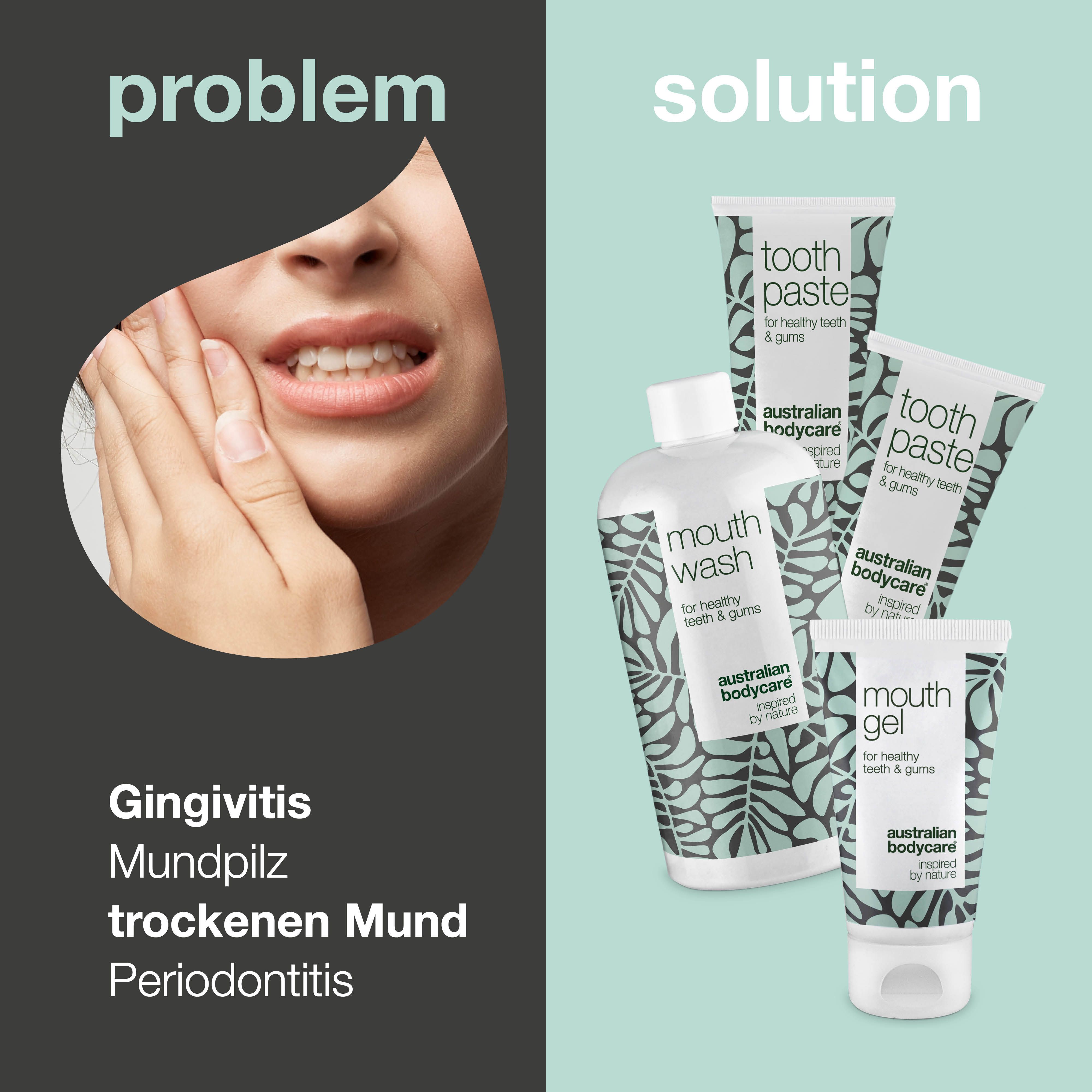 Problem: Zahnfleischentzündung, Mundpilz, trockener Mund, Parodontitis. Lösung: Mundpflegeprodukte von Australian Bodycare.
