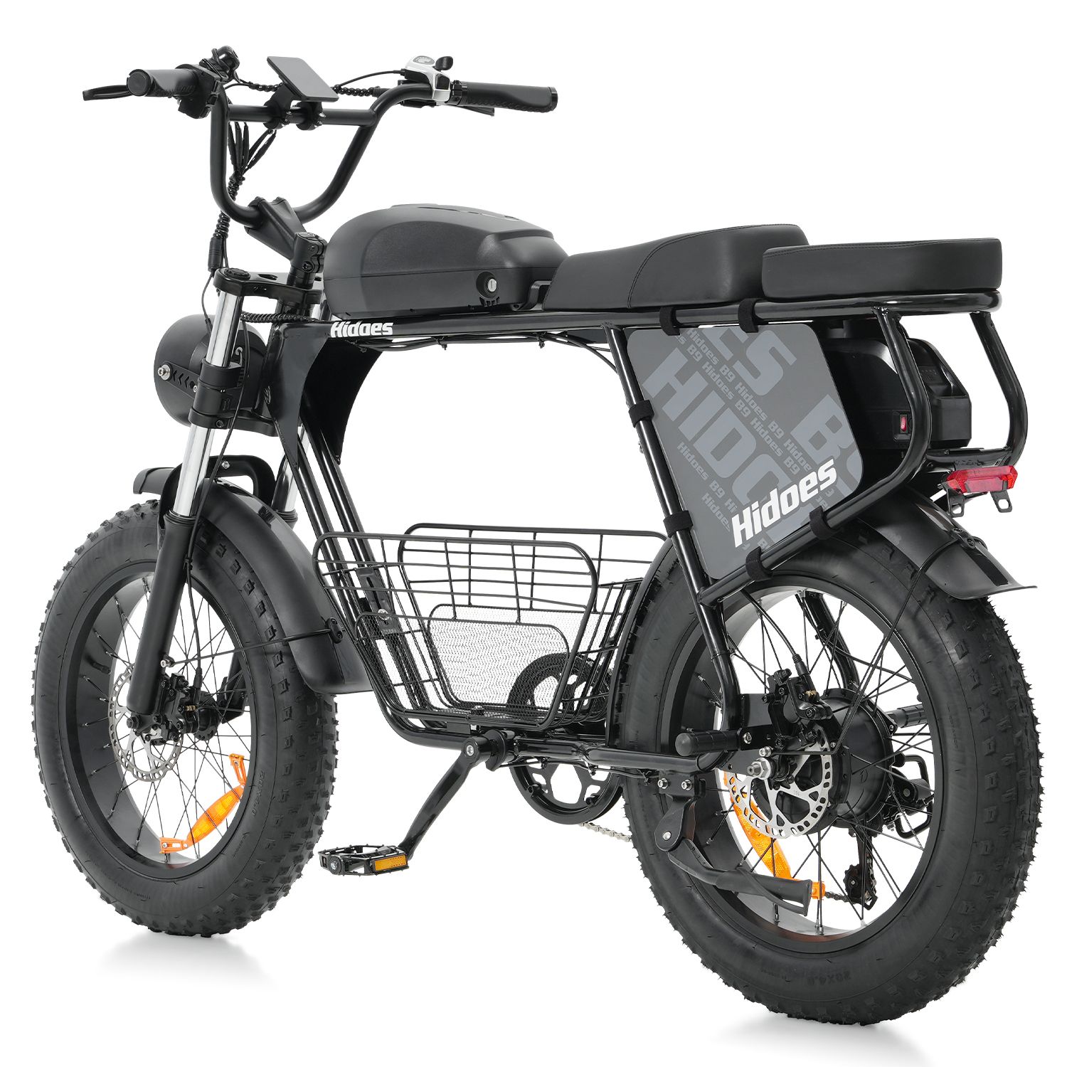 Schwarzes Elektro-Dirtbike von hinten gesehen, mit Gepäckträger und Korb. Marke Hidoes.