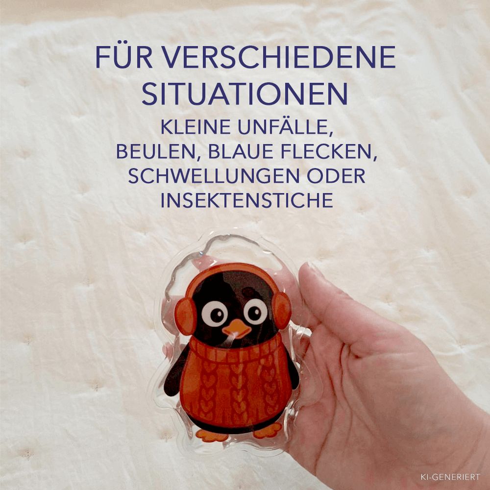 Wiederverwendbarer Kühl- und Wärmebeutel in Form eines Pinguins mit rotem Pullover und Kopfhörern.