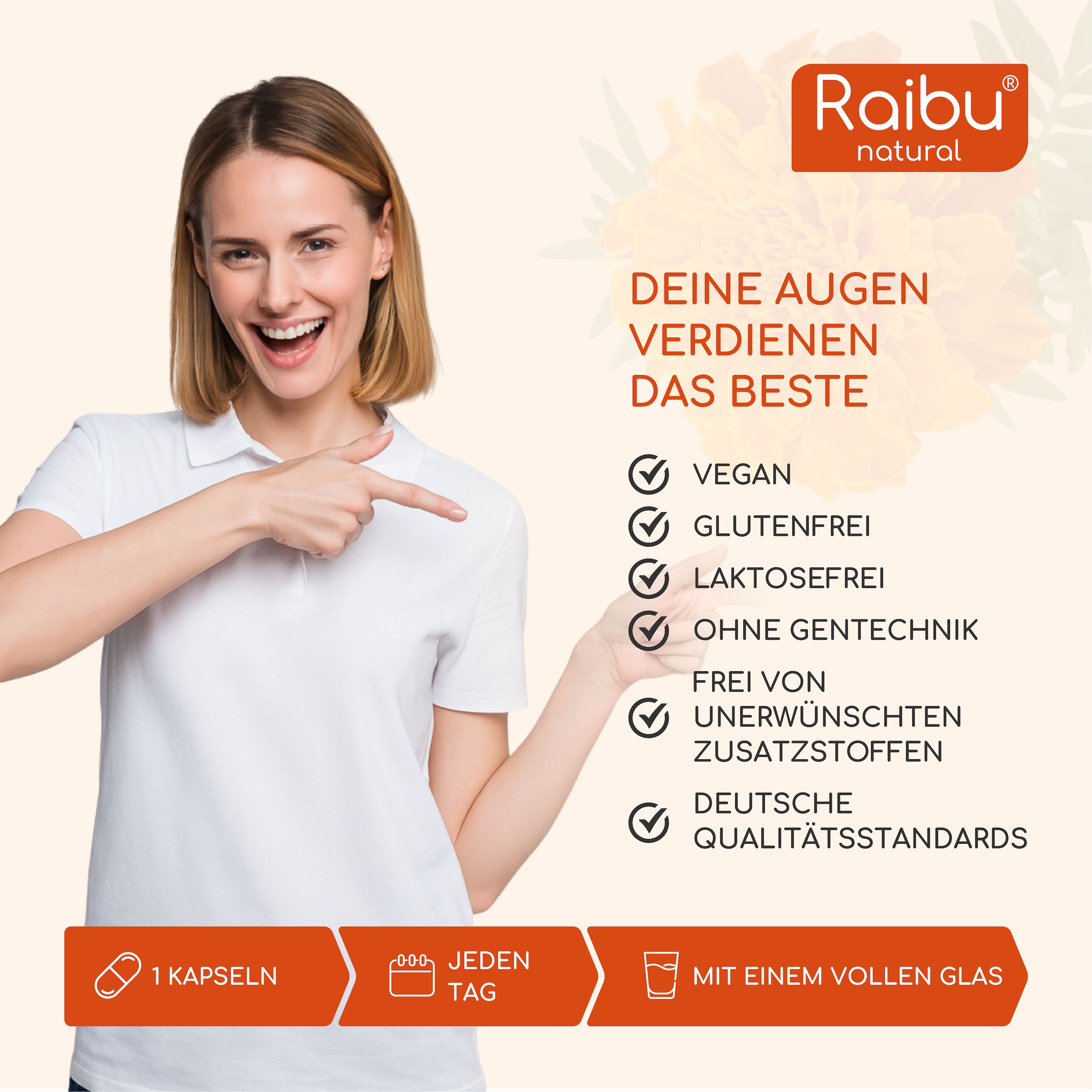 Frau zeigt auf Checklisten. Text: Vegan, glutenfrei, laktosefrei, ohne Gentechnik, ohne Zusatzstoffe, deutsche Qualitätsstandards.