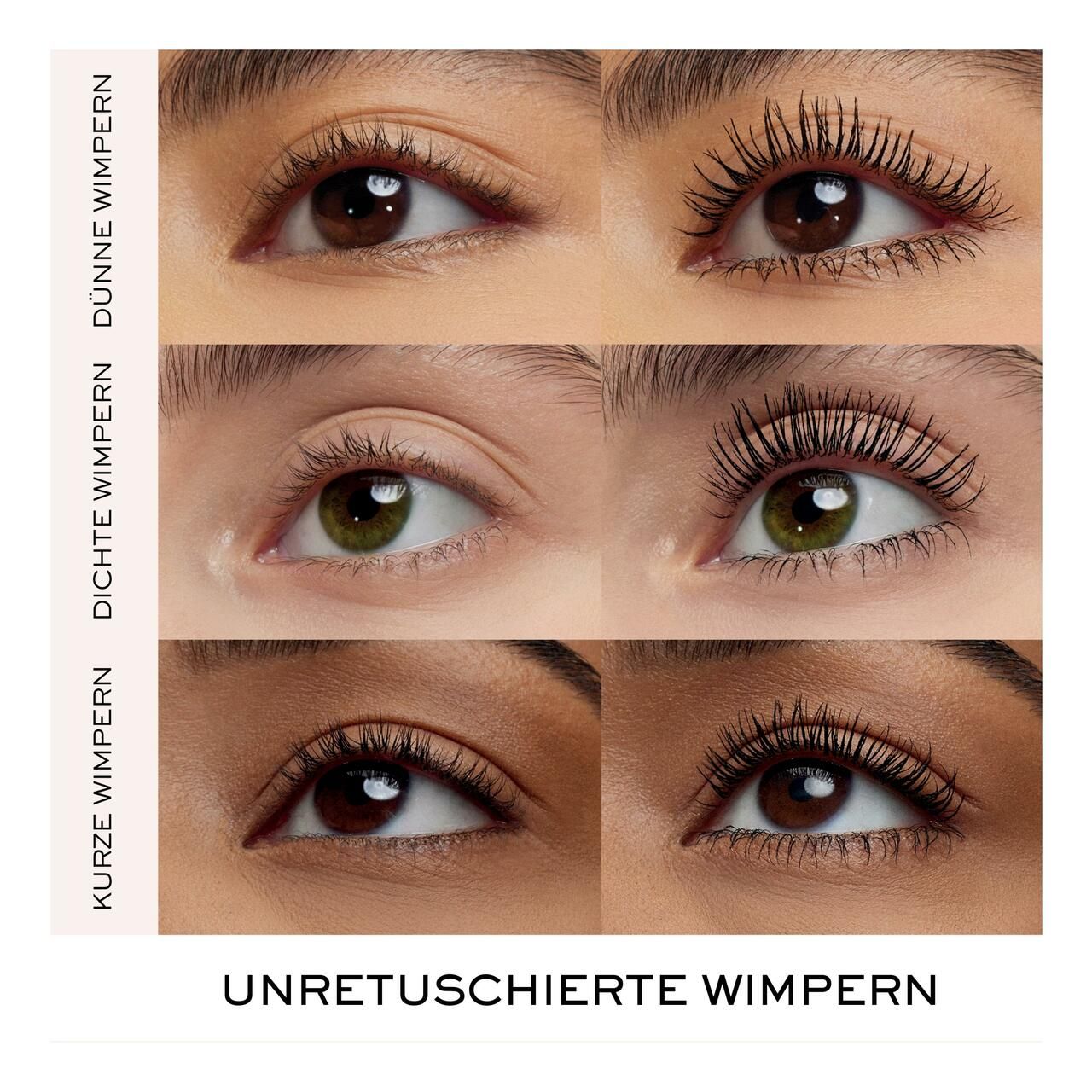 Vergleich von Wimpern vor und nach der Anwendung von Mascara. Drei Augenpaare. Ergebnisse: dichtere, längere Wimpern.