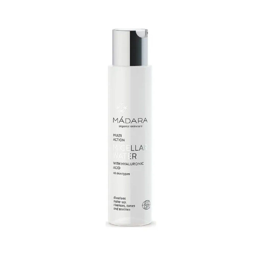 Zylindrische Flasche mit silbernem Deckel. Aufschrift: MÁDARA, Multi-Action Micellar Water, Hyaluronsäure, alle Hauttypen.