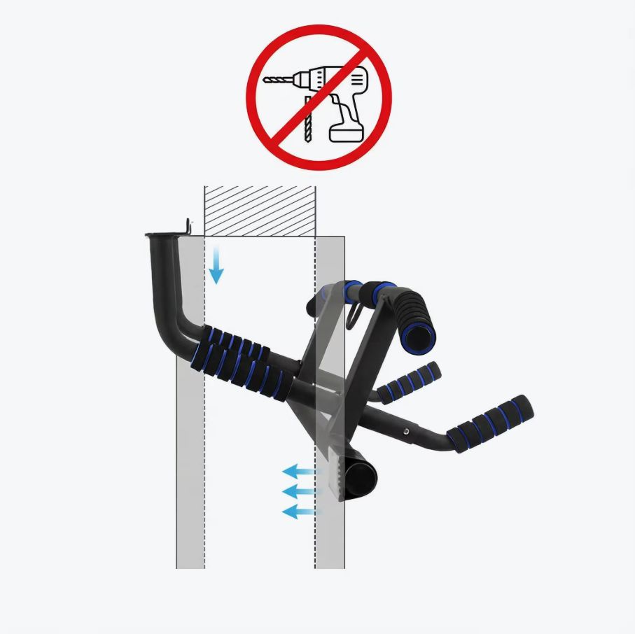 Klimmzugstange für Türrahmen. Montage ohne Bohren. Schwarze Metallkonstruktion mit blauen Griffen.