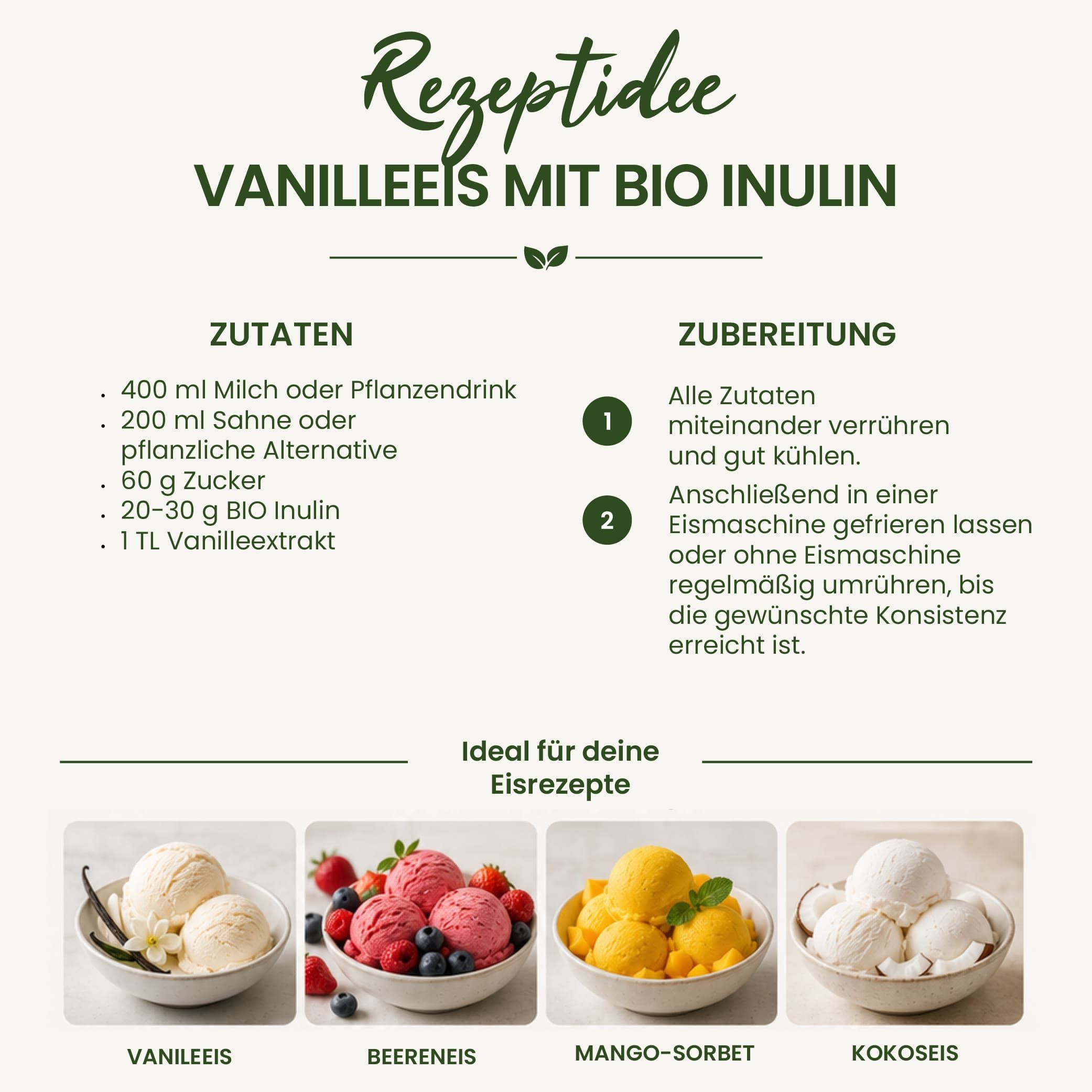 Rezeptidee Vanilleeis mit Bio Inulin: Zutaten und Zubereitung für Eisrezepte.