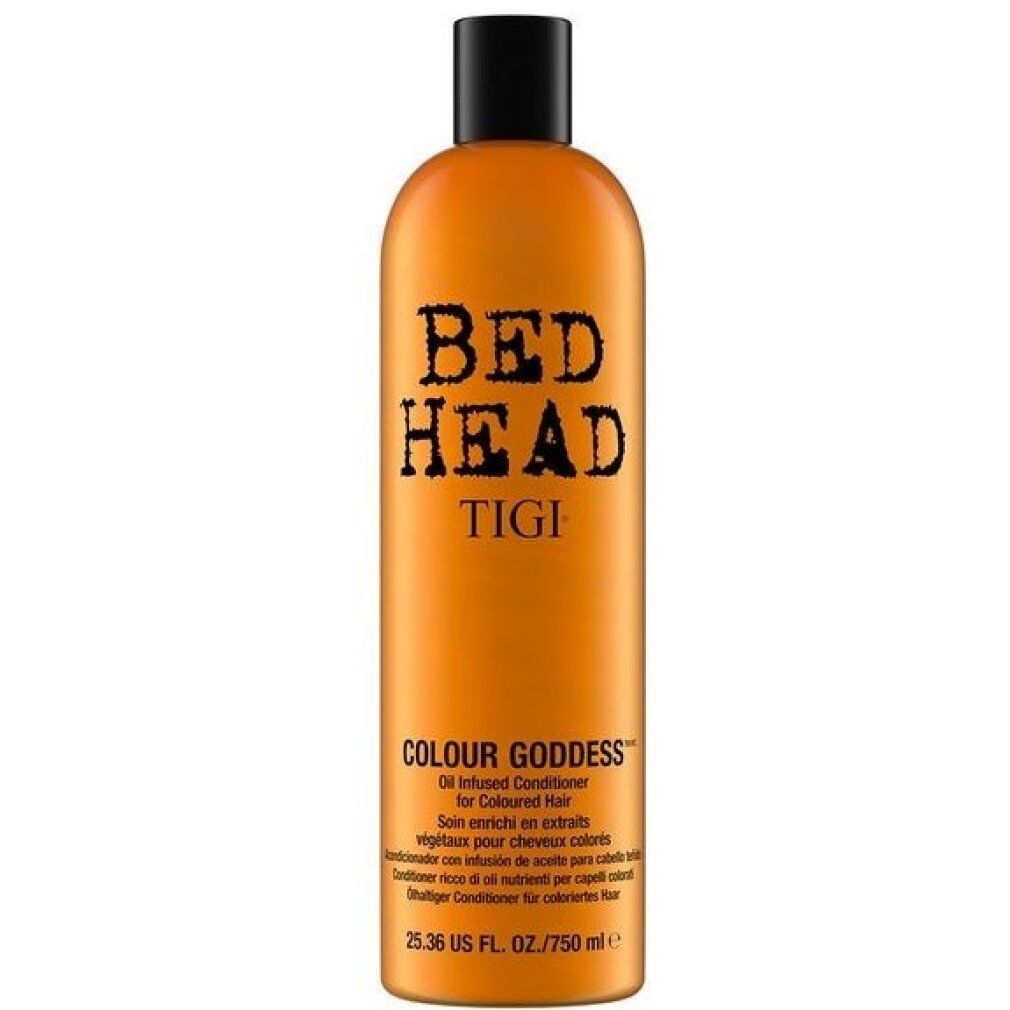 Orangefarbene Flasche mit schwarzem Deckel. Aufschrift: Bed Head, Tigi, Colour Goddess. Text in mehreren Sprachen.