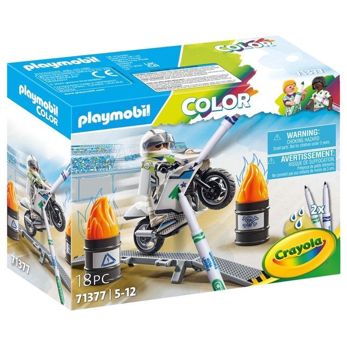 Set di gioco Playmobil 71377, mostrato nella confezione originale. Il set presenta un personaggio su una moto, circondato da accessori come torce e penne. La confezione include i loghi Playmobil e Crayola, oltre ad avvertenze.