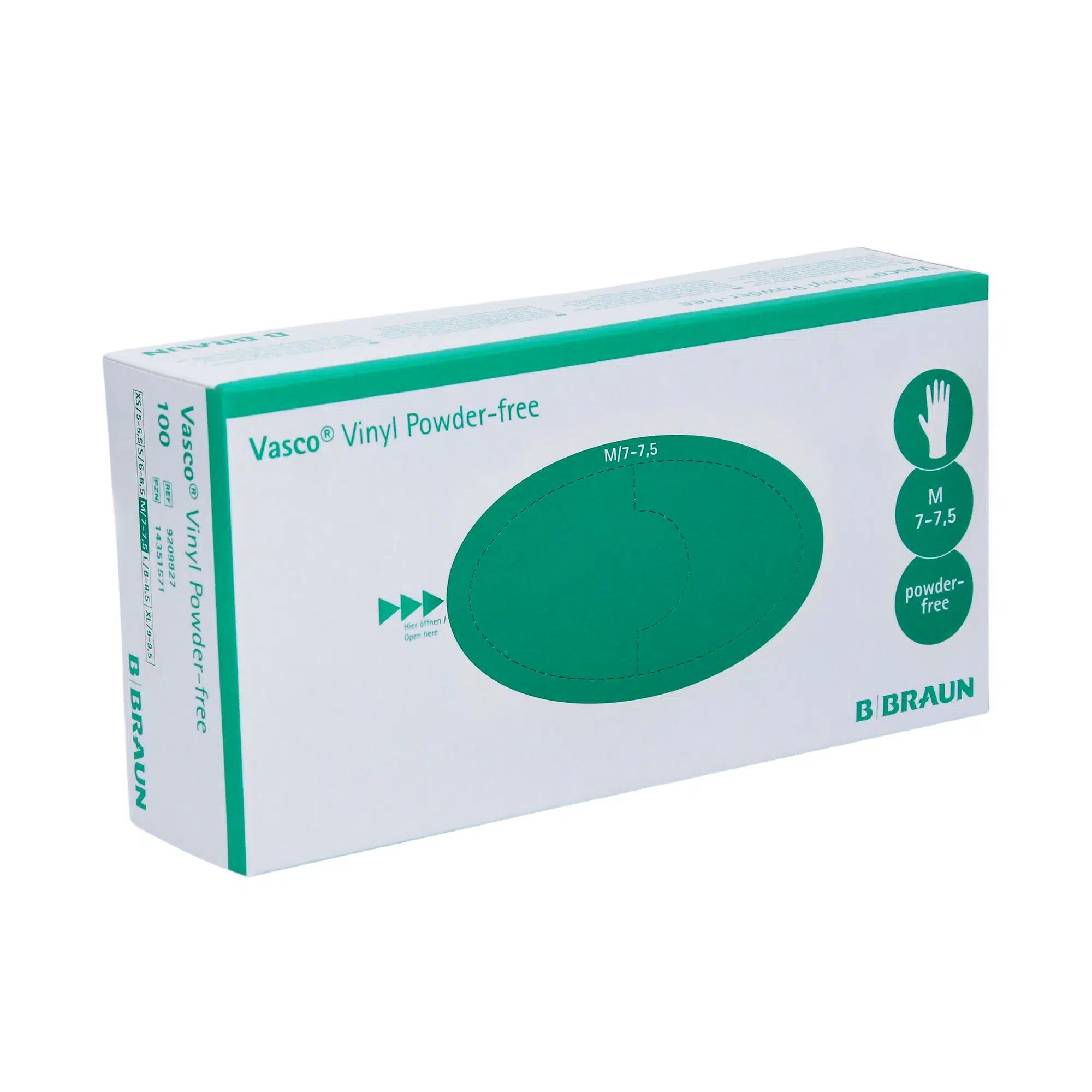 Verpackung von B. Braun Vasco® Vinyl Powder-free Einmalhandschuhen. Grün-weißes Design mit Produktnamen und Größenangabe M/7-7,5.