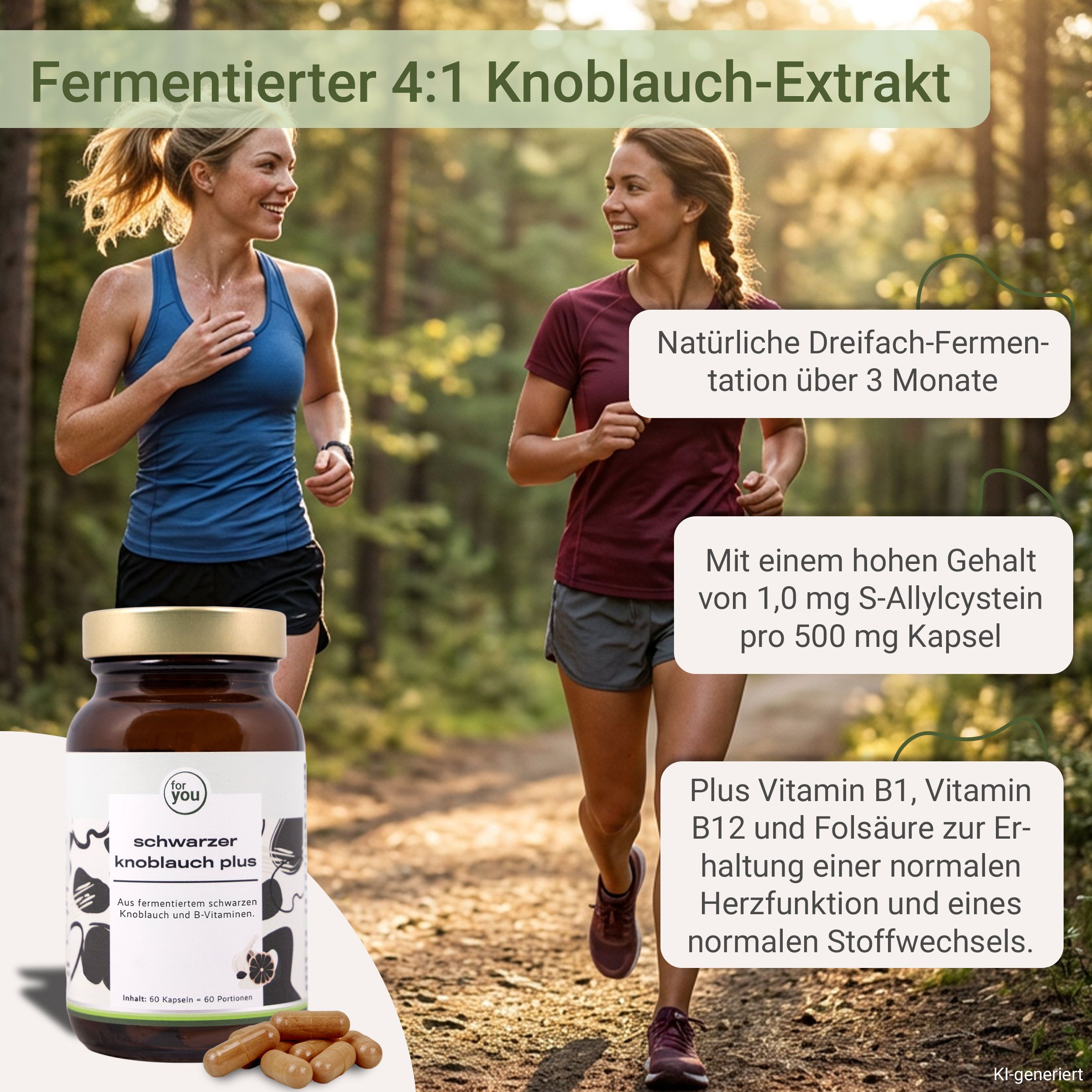 Zwei Frauen laufen im Freien, eine Flasche Schwarzer Knoblauch Plus im Vordergrund.