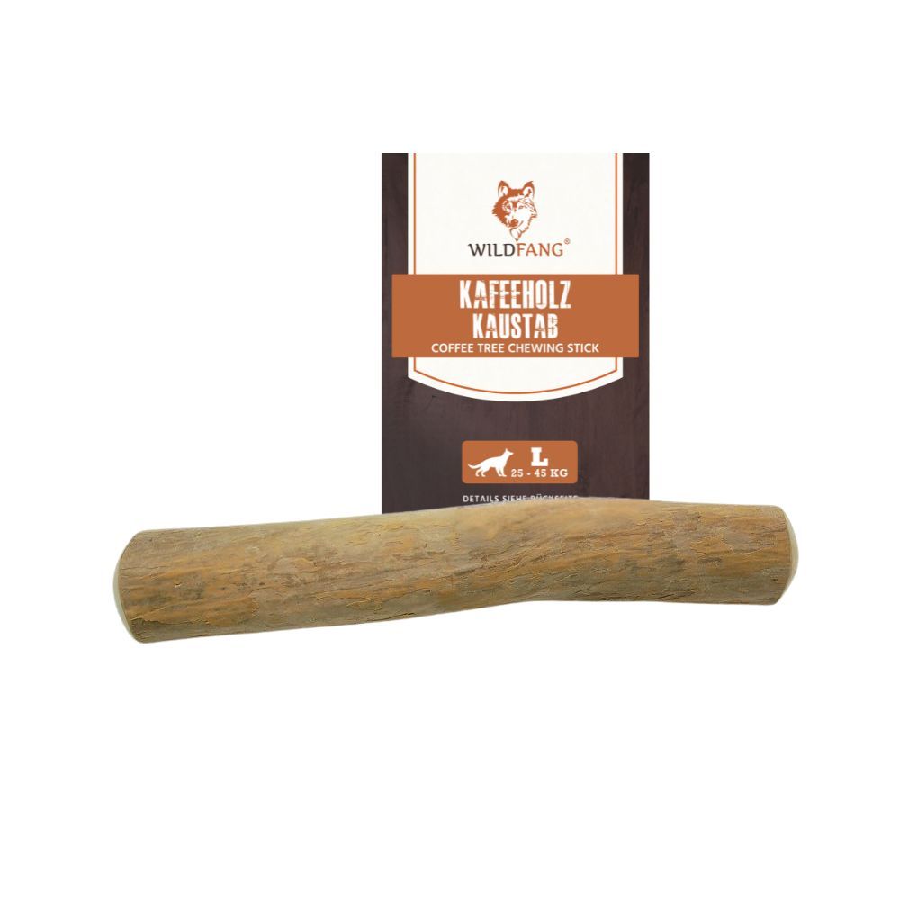 Kaffeeholz-Kaustab, braun, zylindrisch. Verpackung mit Produktname und Logo. Größe L.