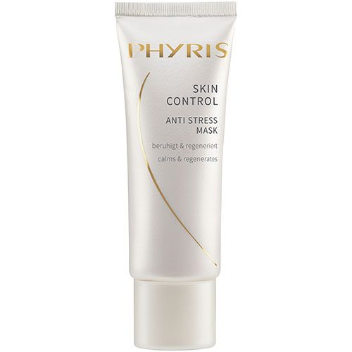 Weiße Tube mit goldfarbenem Schriftzug PHYRIS, Skin Control Anti Stress Mask. Text: beruhigt & regeneriert, calms & regenerates.