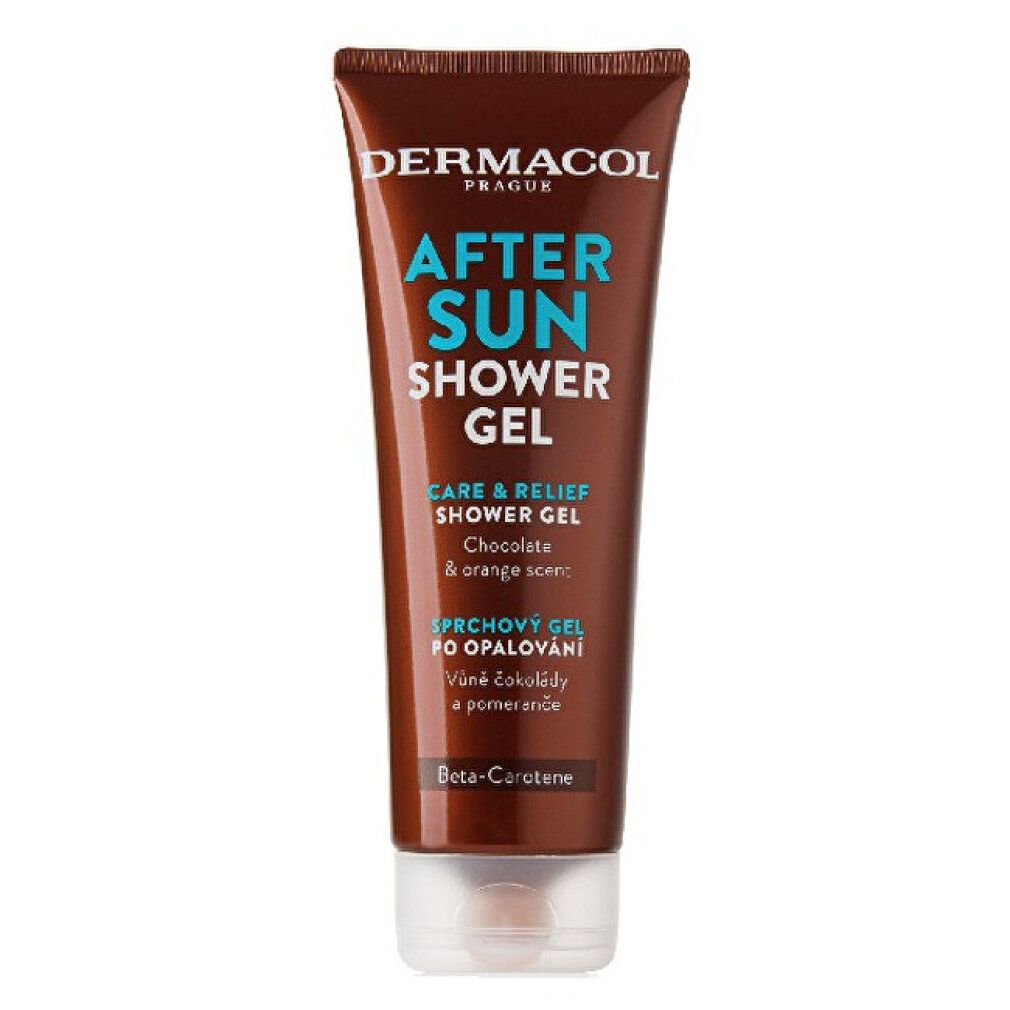 Braune Tube mit weißem Verschluss. Text: DERMACOL, AFTER SUN SHOWER GEL, Care & Relief, Chocolate & orange scent, Beta-Carotene.
