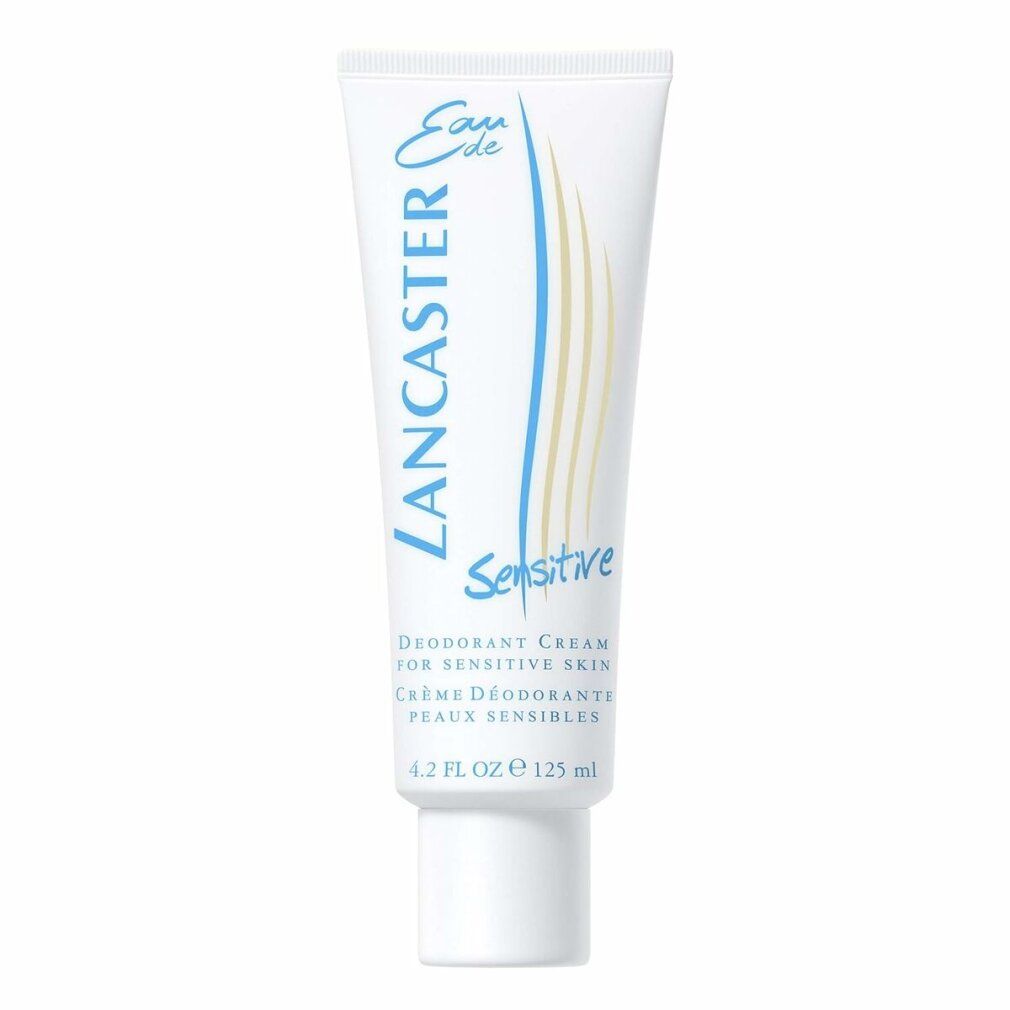 Weiße Tube mit blauer und gelber Grafik. Schriftzug: Lancaster Sensitive, Deodorant Creme, 4.2 FL. OZ. 125 ml.