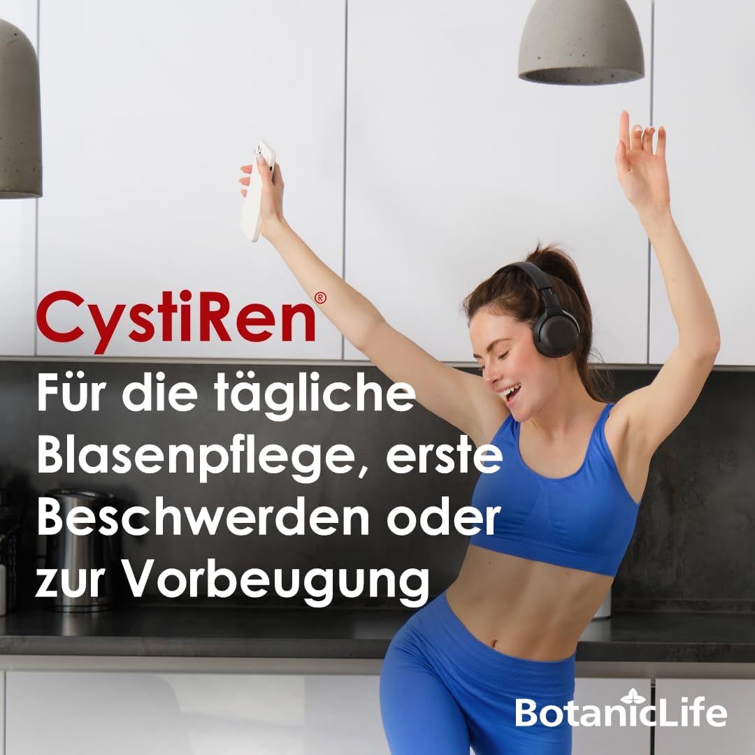 Frau tanzt mit Kopfhörern. Text: "CystiRen" für tägliche Blasenpflege, erste Beschwerden oder zur Vorbeugung.