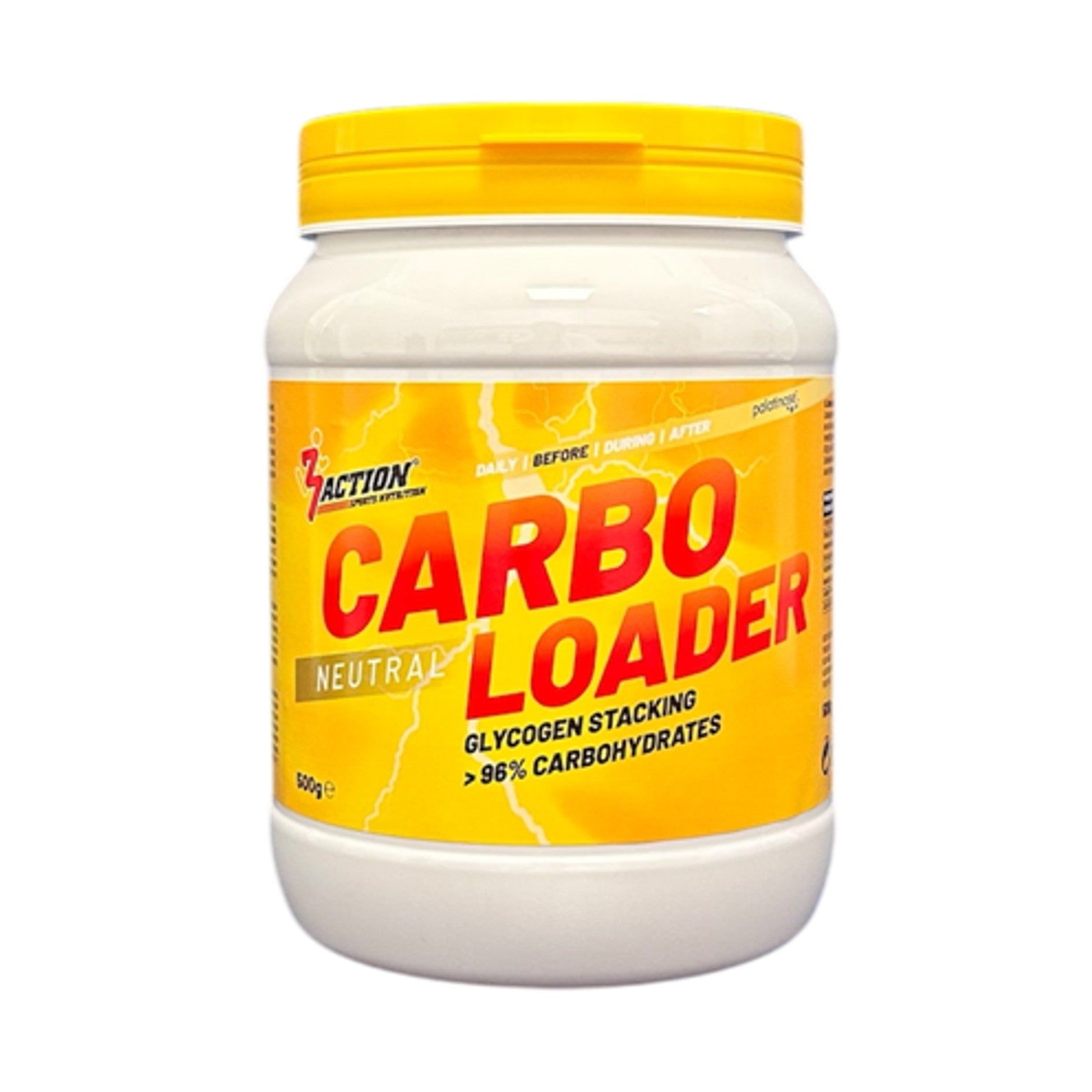 Weißes, zylindrisches Gefäß mit gelbem Deckel. Auf gelbem Etikett: "CARBO LOADER NEUTRAL" und ">96% CARBOHYDRATES". Marke: 3Action.