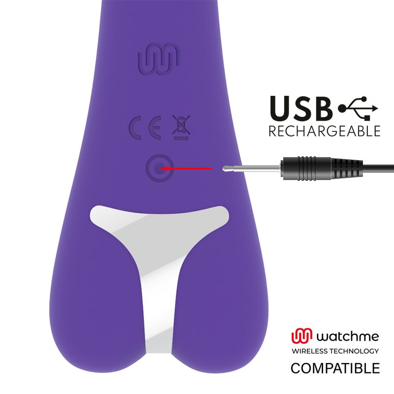 Unterseite eines violetten Stimulators mit CE-Zeichen, Ladeanschluss und USB-Anschluss. Watchme Wireless Technology kompatibel.