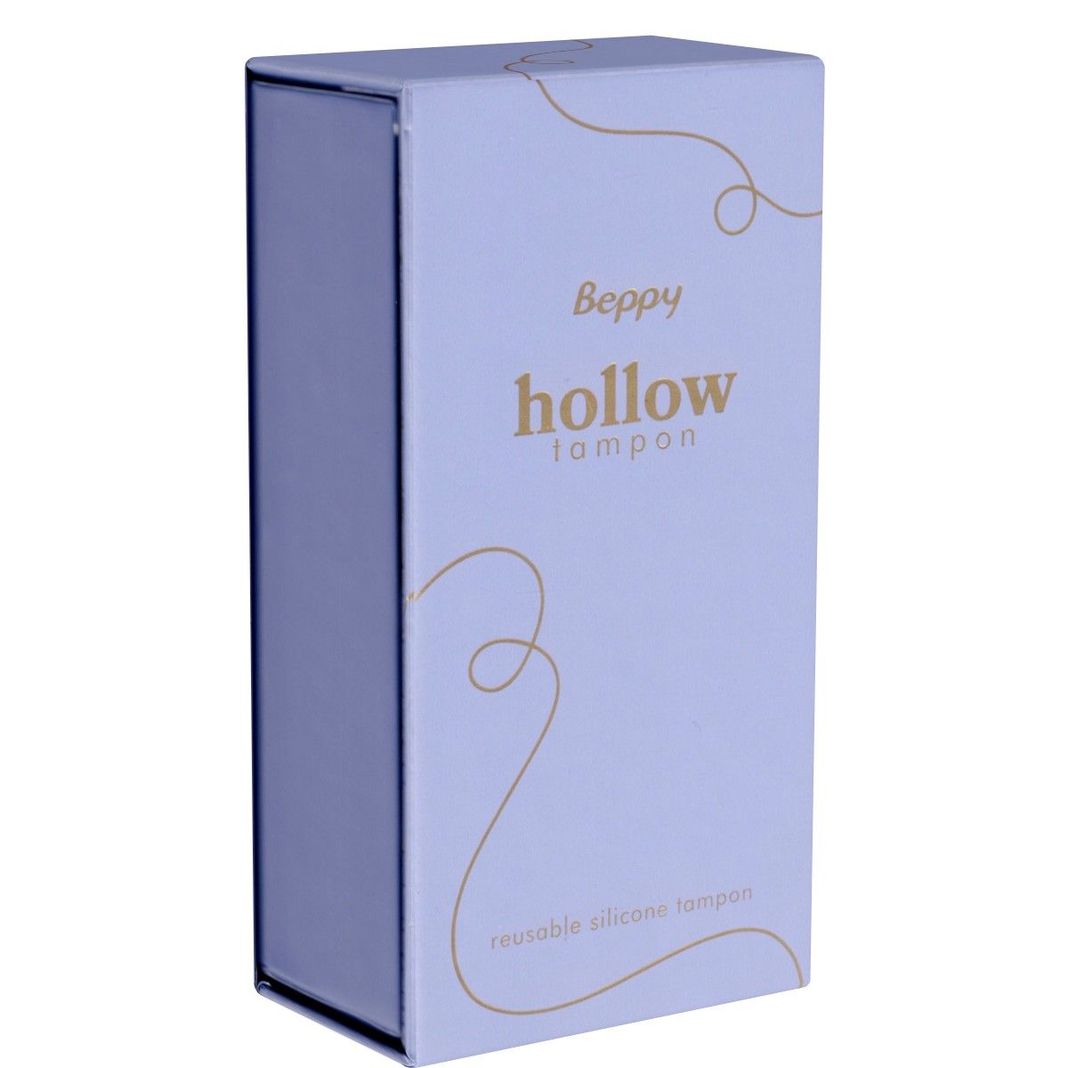 Hellblaue Verpackung mit Produktnamen Beppy hollow tampon. Aufschrift: reusable silicone tampon.