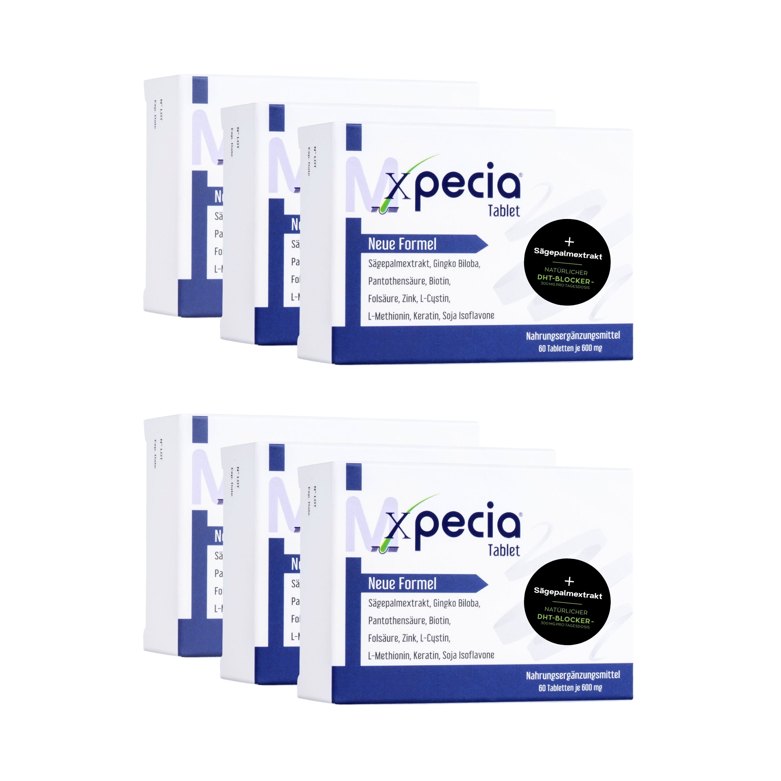 Mehrere Schachteln Xpecia Tabletten. Weiße Verpackung mit blauem Akzent. Text: Neue Formel. Nahrungsergänzungsmittel.