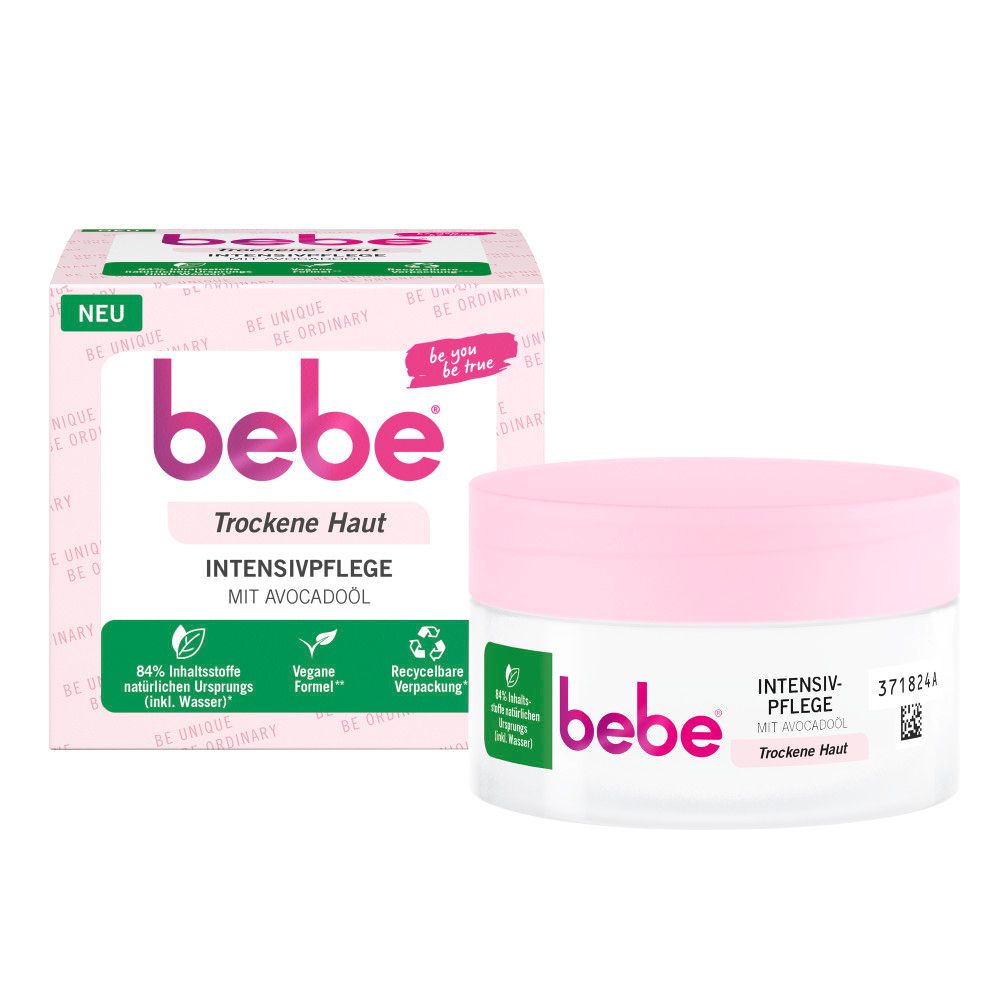 Bebe Intensivpflege Creme und Verpackung. Rosa Deckel, weiße Dose. Text: Trockene Haut, Avocadoöl. Verpackung mit Text.