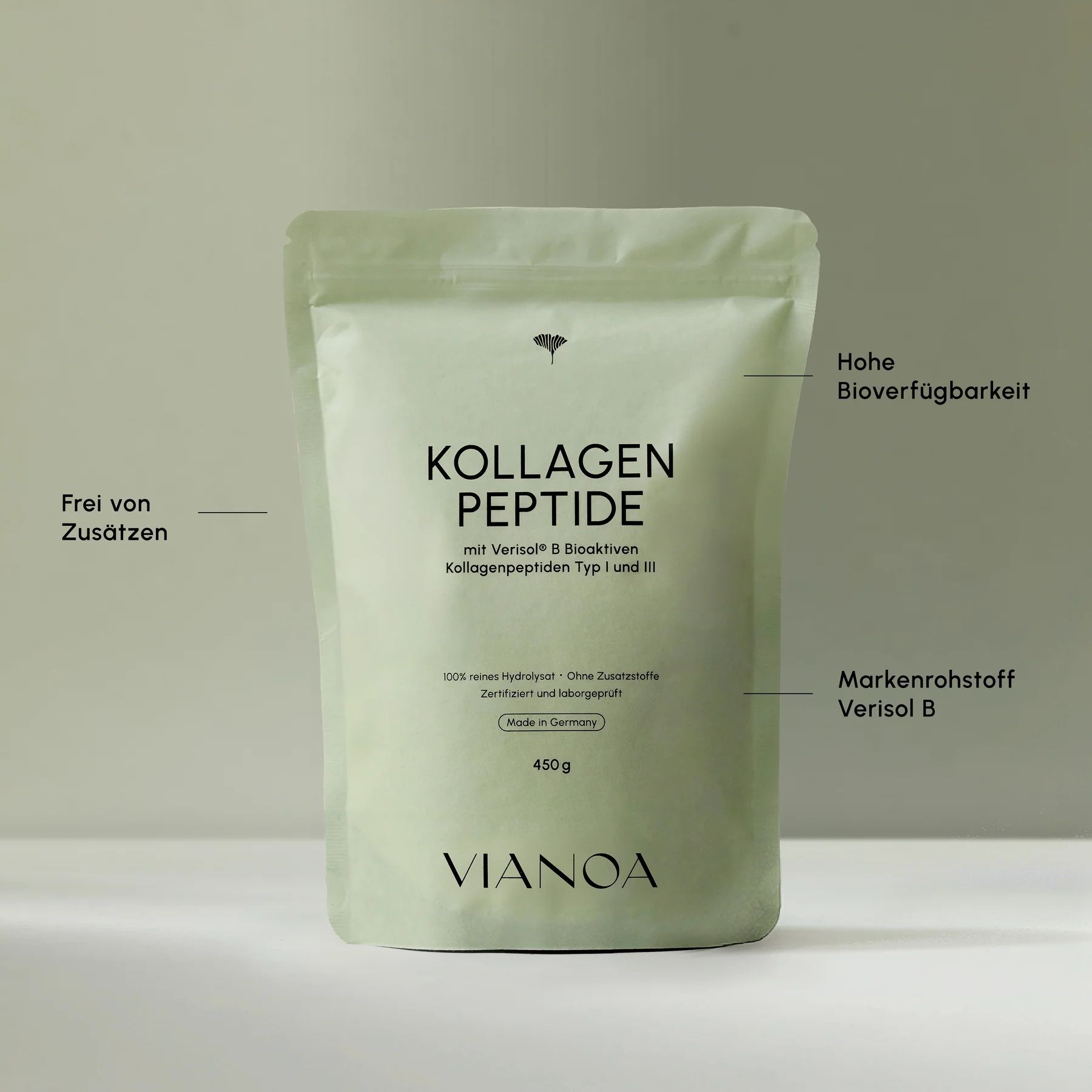 VIANOA Kollagen Peptide Beutel mit Hinweisen zu 'Frei von Zusätzen' und 'Markenrohstoff Verisol B'.