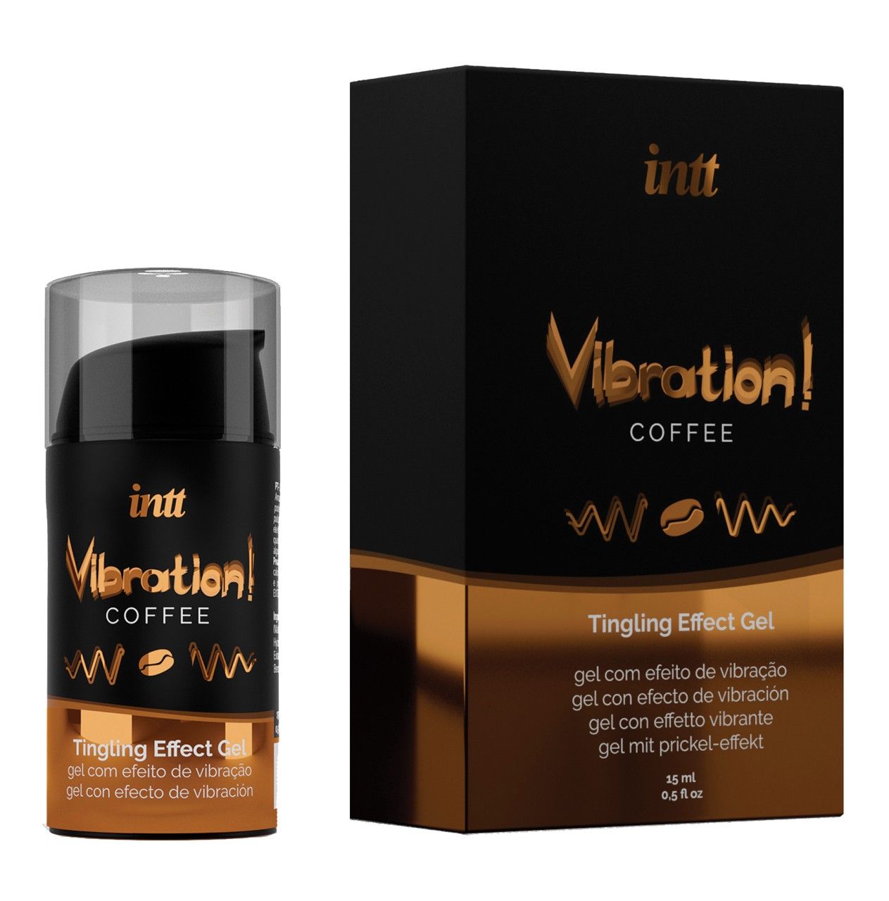 Verpackung und Flasche. Produktname: Vibration! Coffee Tingling Effect Gel. Marke: INTT. Flasche mit Pumpkopf.