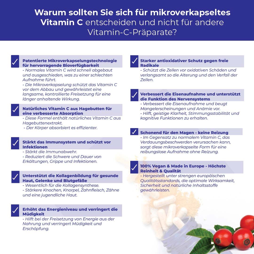 Text mit Vorteilen von mikroverkapseltem Vitamin C. Illustrationen von Hagebutten. Produktabbildung.