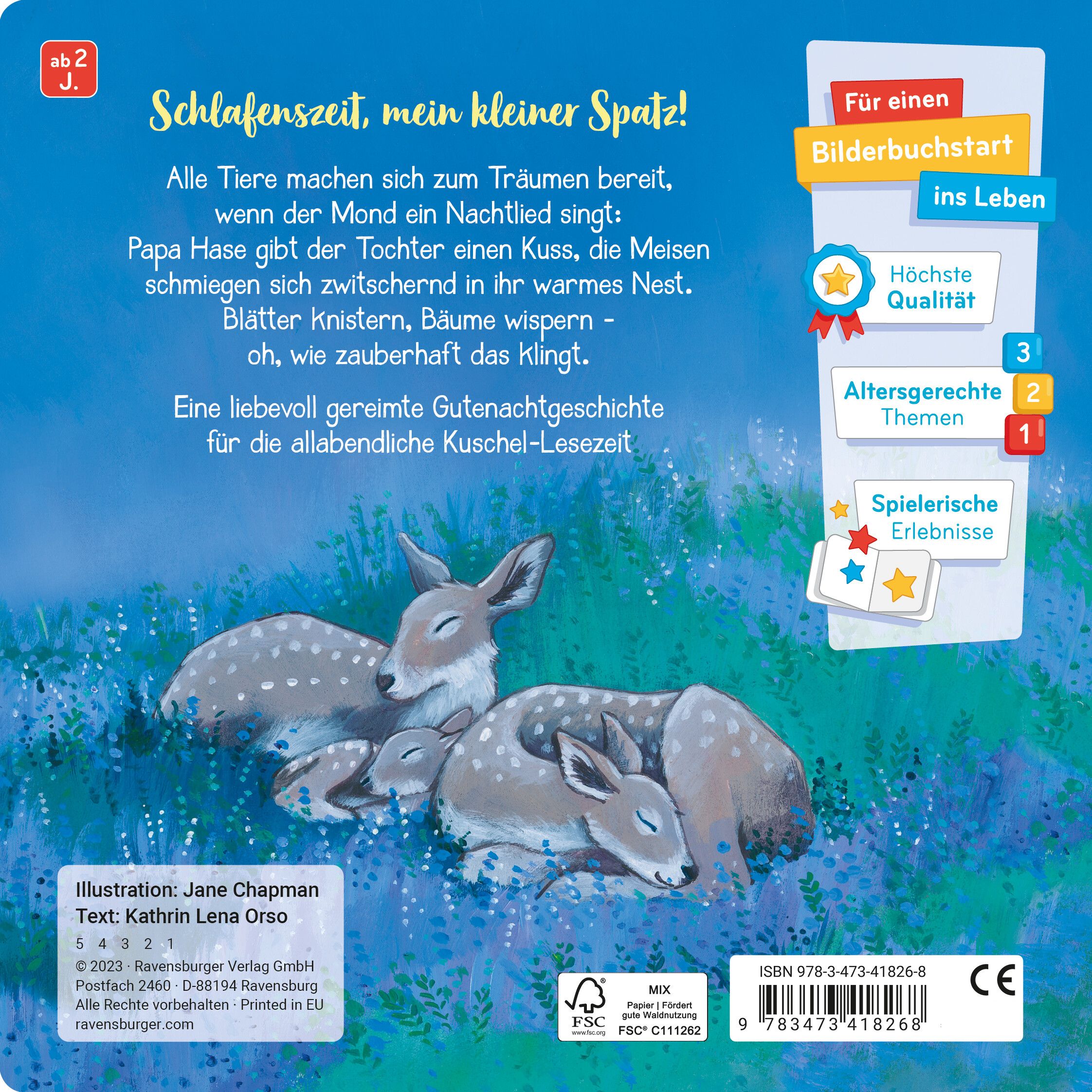 Rückseite des Buches "Wenn der Mond ein Nachtlied singt". Text und Illustrationen. Logos und Qualitätsmerkmale.