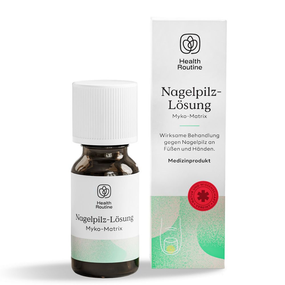 Braune Glasflasche und Schachtel. Aufschrift: Nagelpilz-Lösung, Myko-Matrix. Logo: Health Routine. Medizinprodukt.