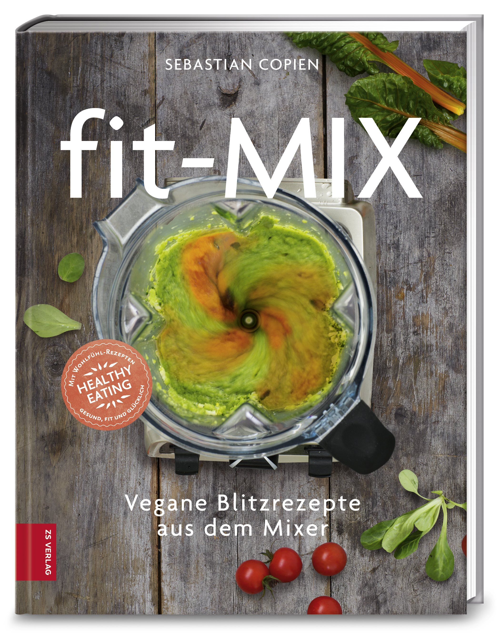 Buch mit dem Titel "fit-MIX" von Sebastian Copien. Auf dem Cover ist ein Mixer mit grünem Inhalt abgebildet. Aufkleber "Healthy Eating".